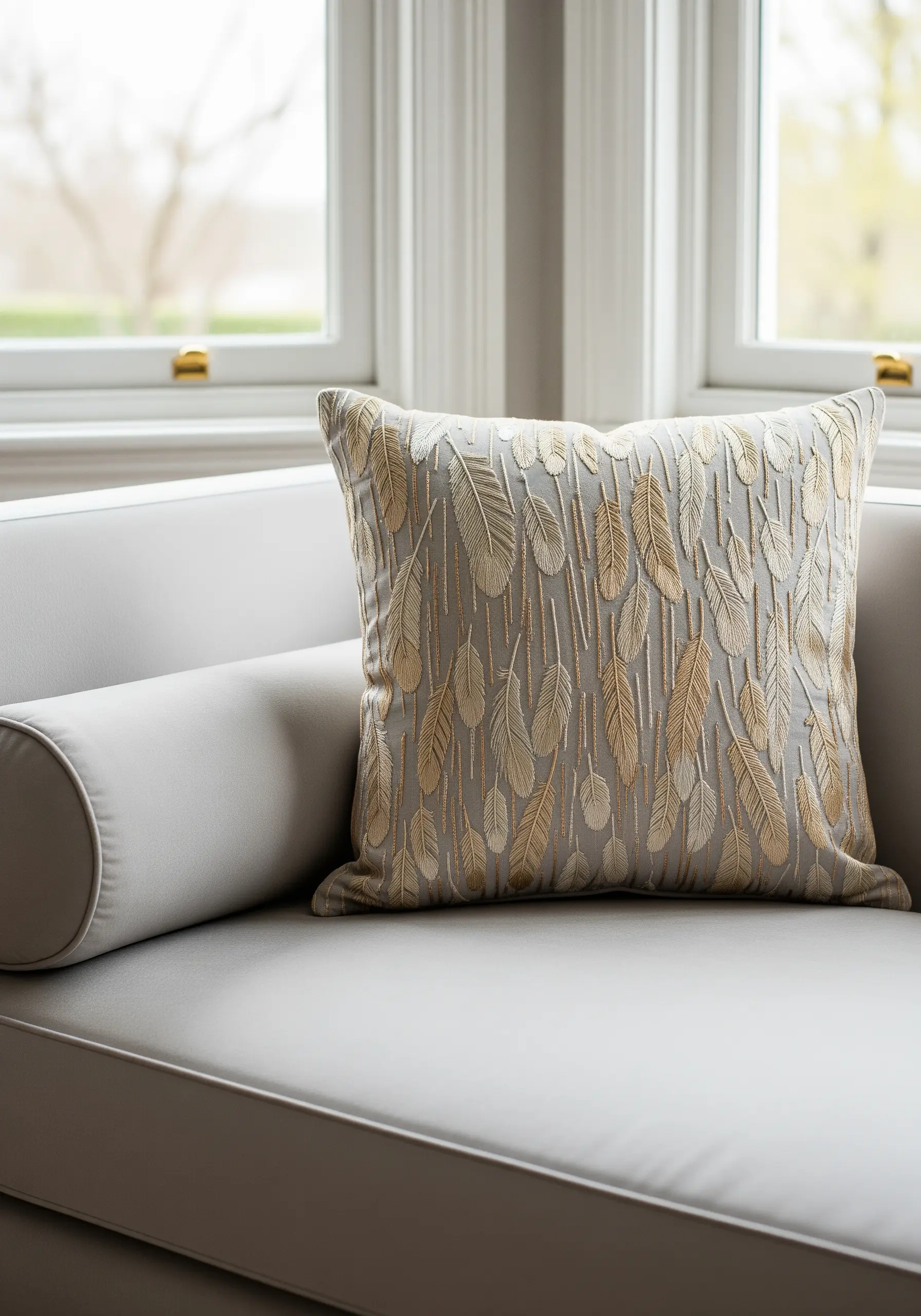 Scattered feathers embroidered in shades of gold and cream on a grey cushion.