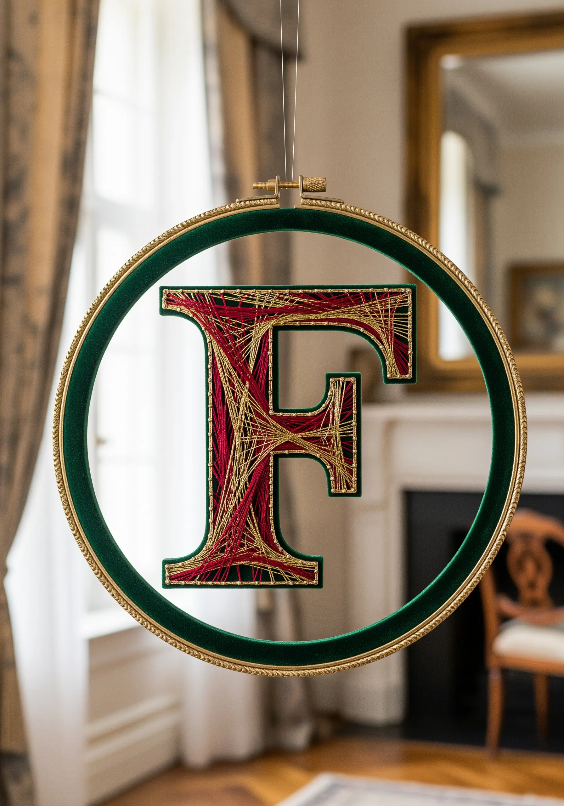 A monogram stitched with red and gold thread, suspended in the center of a hoop with no fabric.