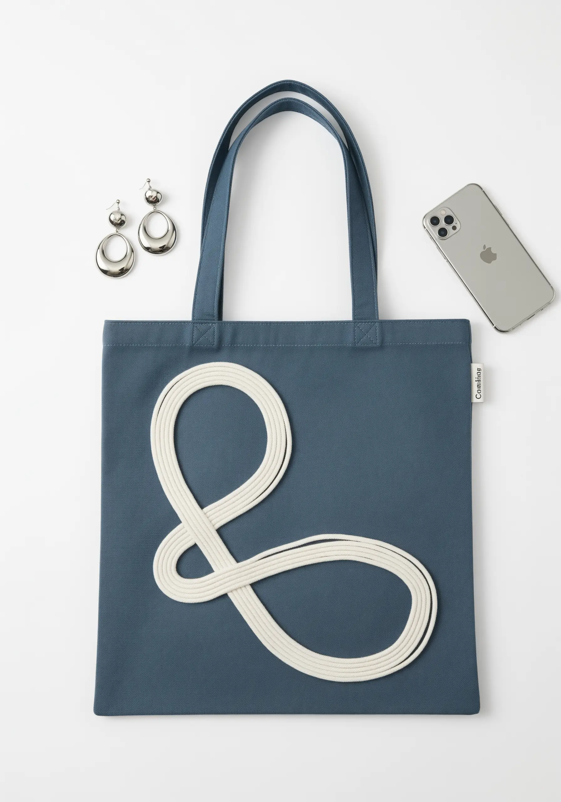 A single, continuous thick white cord couched in a swirl on a blue tote bag.