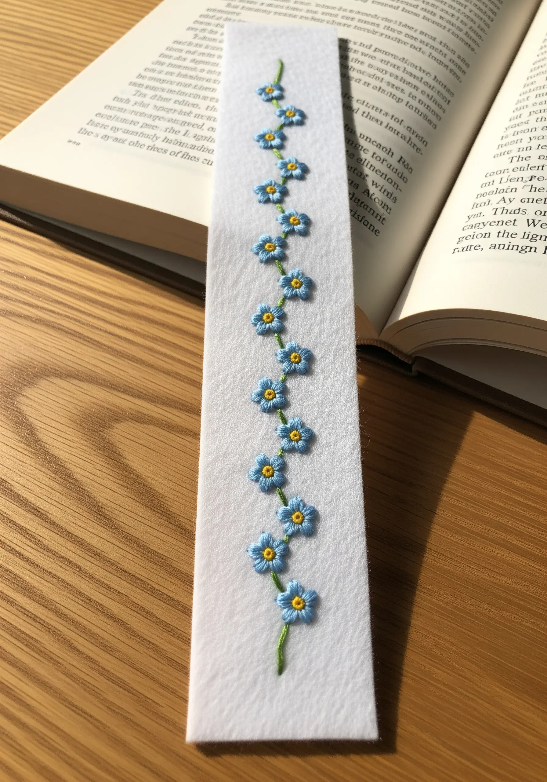 Embroidered blue forget-me-not flowers on a white felt bookmark.