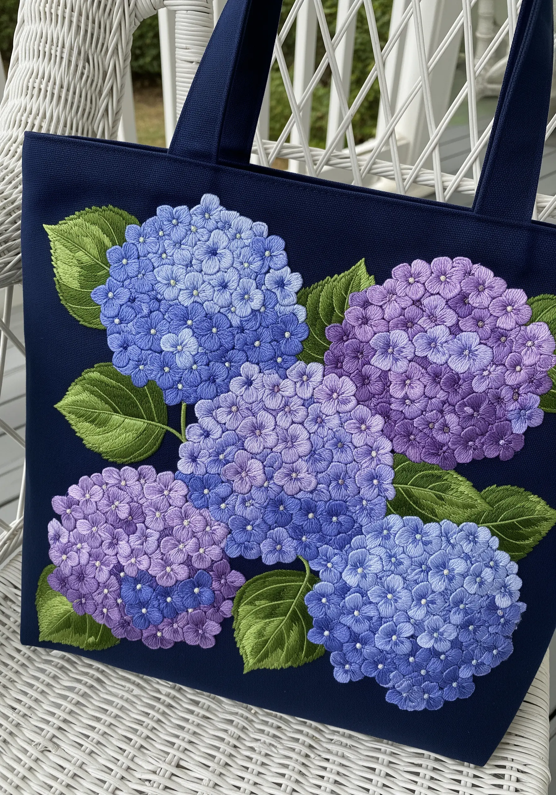 Blue and purple hydrangea clusters embroidered with French knots on a navy tote bag.
