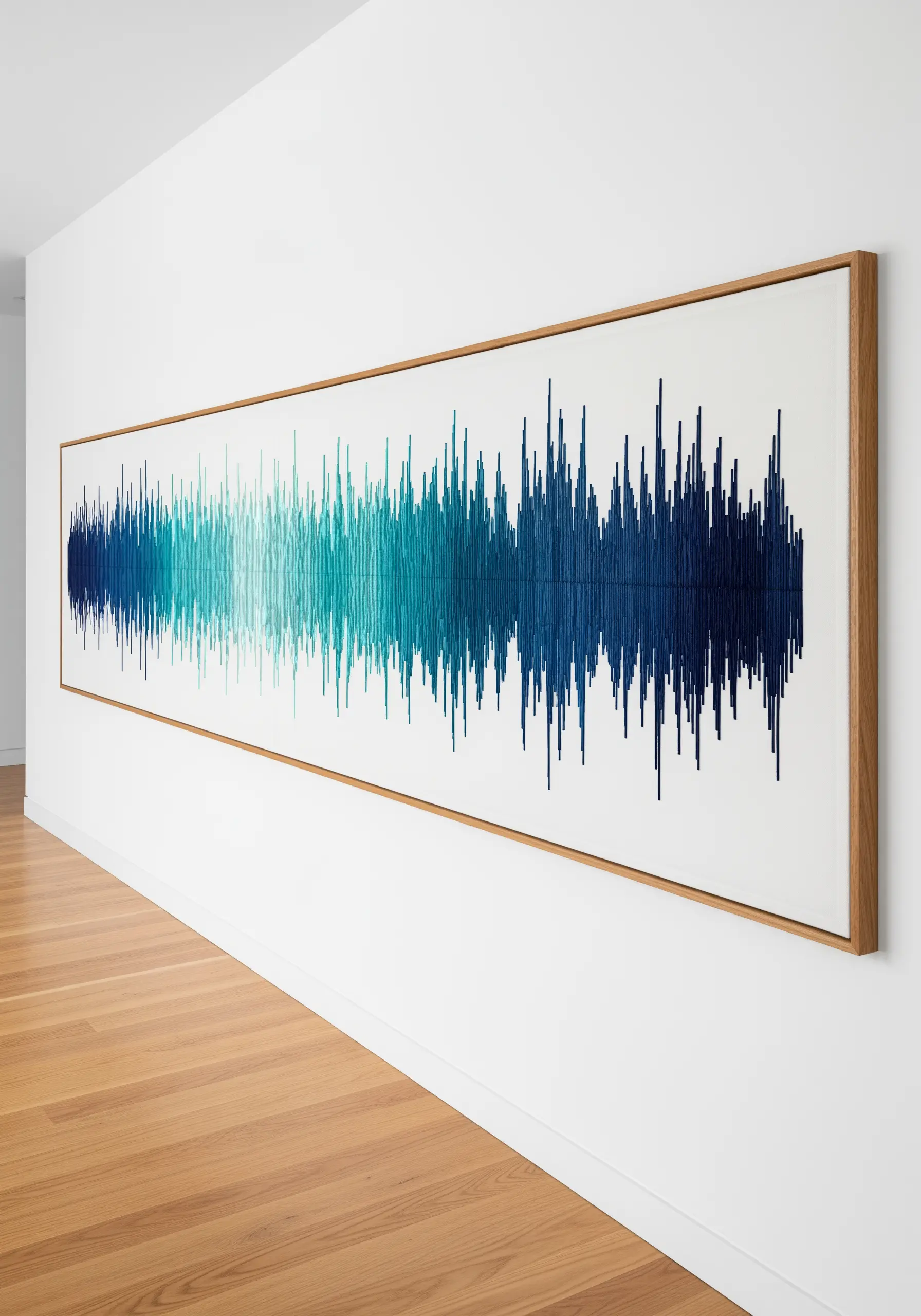 Long horizontal artwork with blue gradient vertical stitches