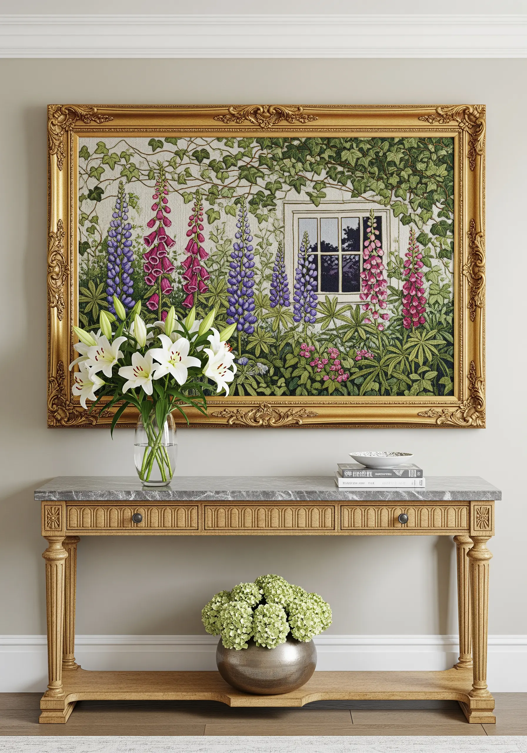 Large framed embroidery tapestry depicting a lush garden outside a window