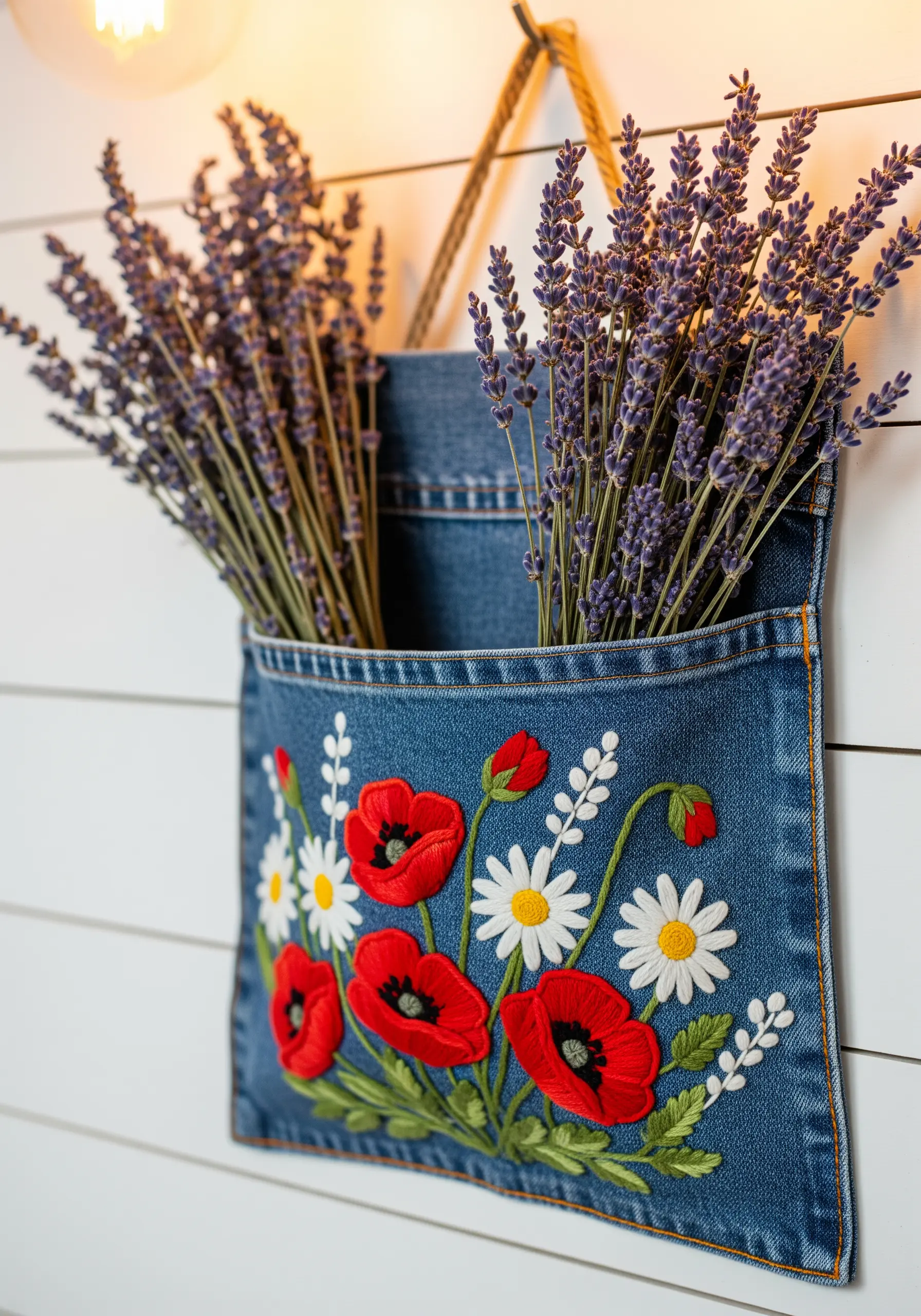 Denim pocket wall hanging with red poppies and dried lavender