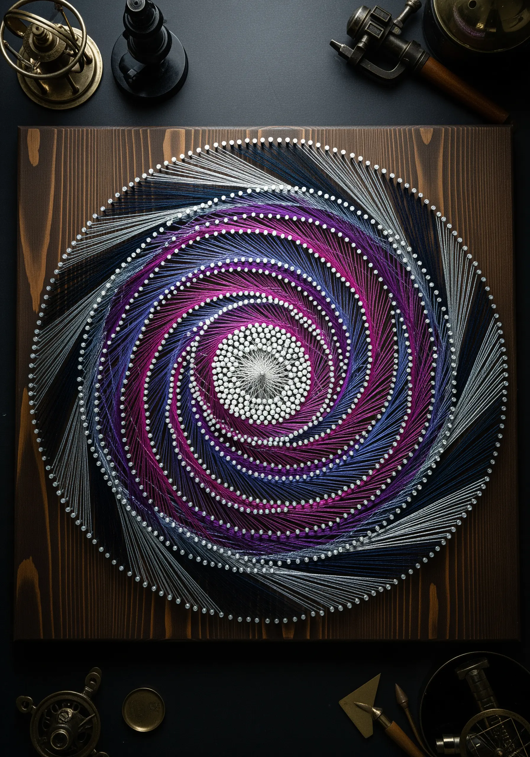 Spiral string art with purple, blue, and silver threads on a dark wood board.