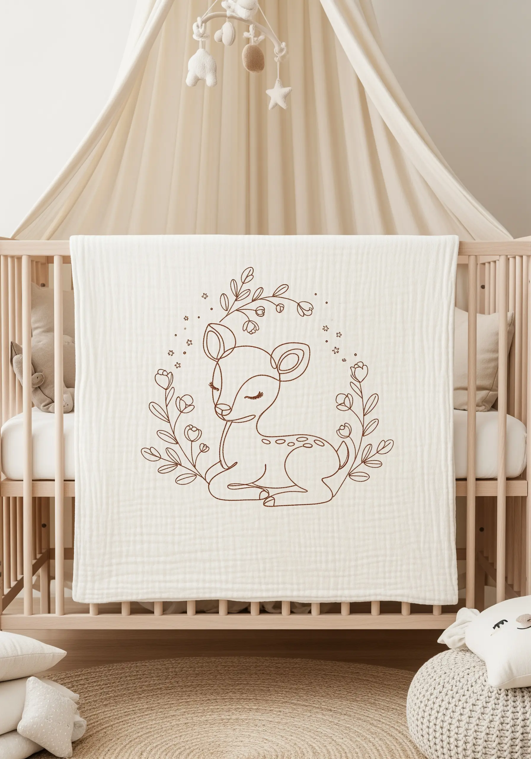 A sleeping fawn surrounded by a wreath of flowers, embroidered on a muslin baby blanket.