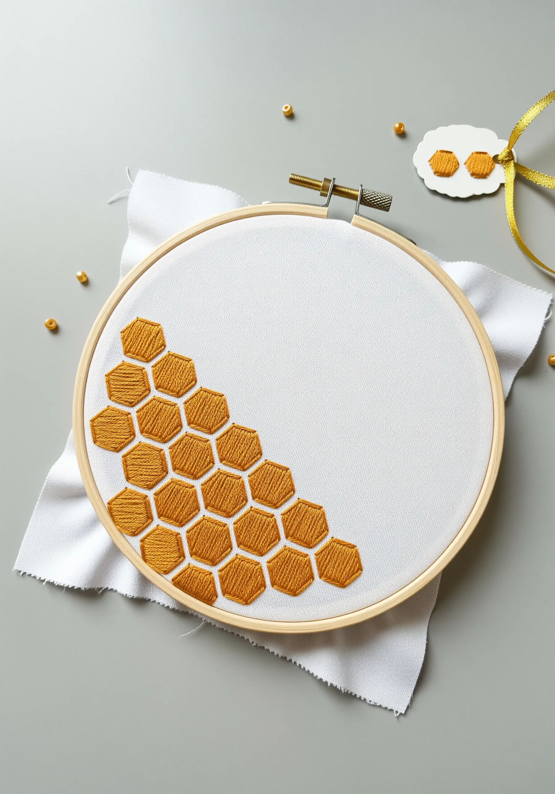 Asymmetrical honeycomb pattern embroidered in golden thread on white fabric.