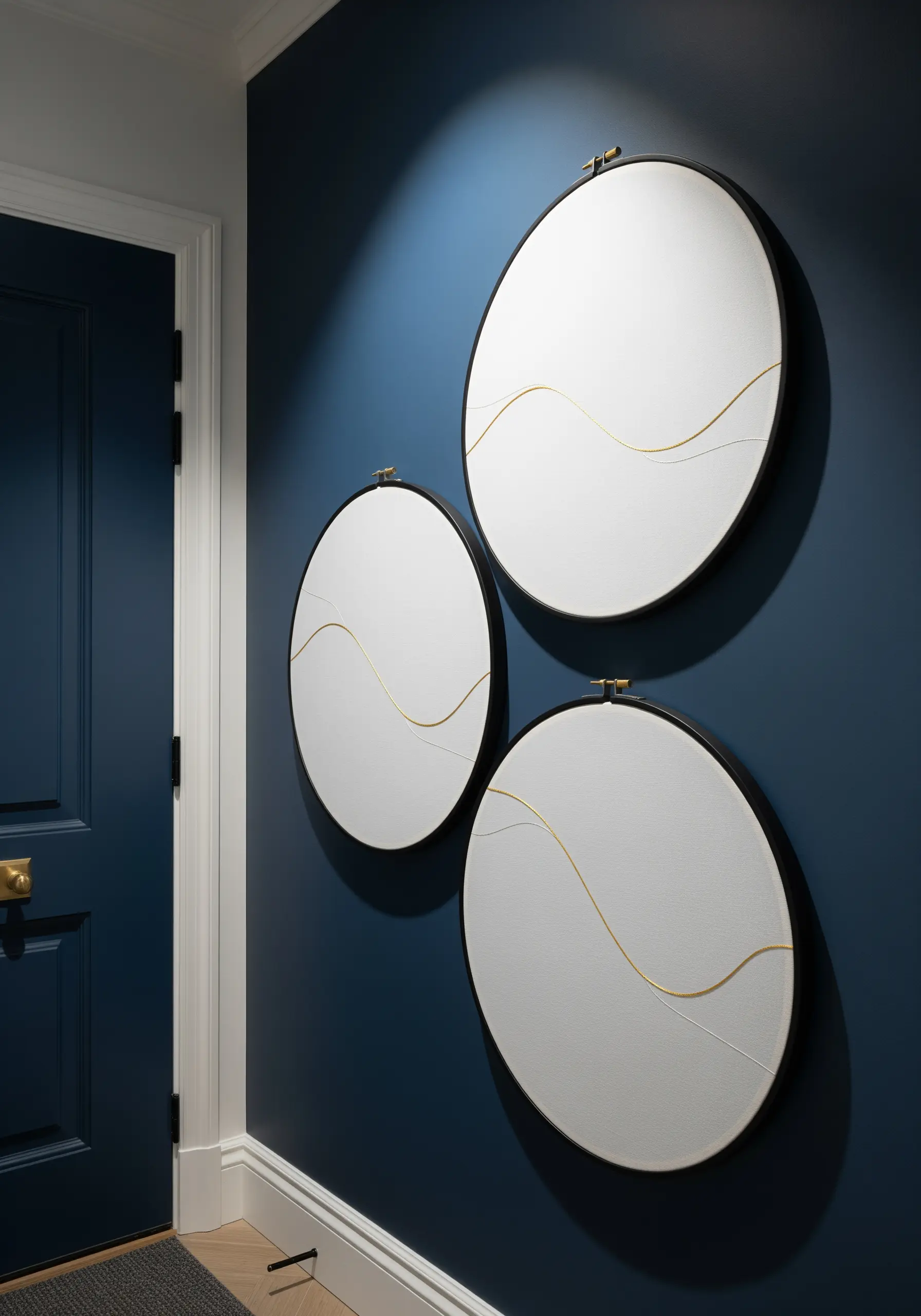 A trio of embroidery hoops with a single, elegant gold thread line curving across each one.