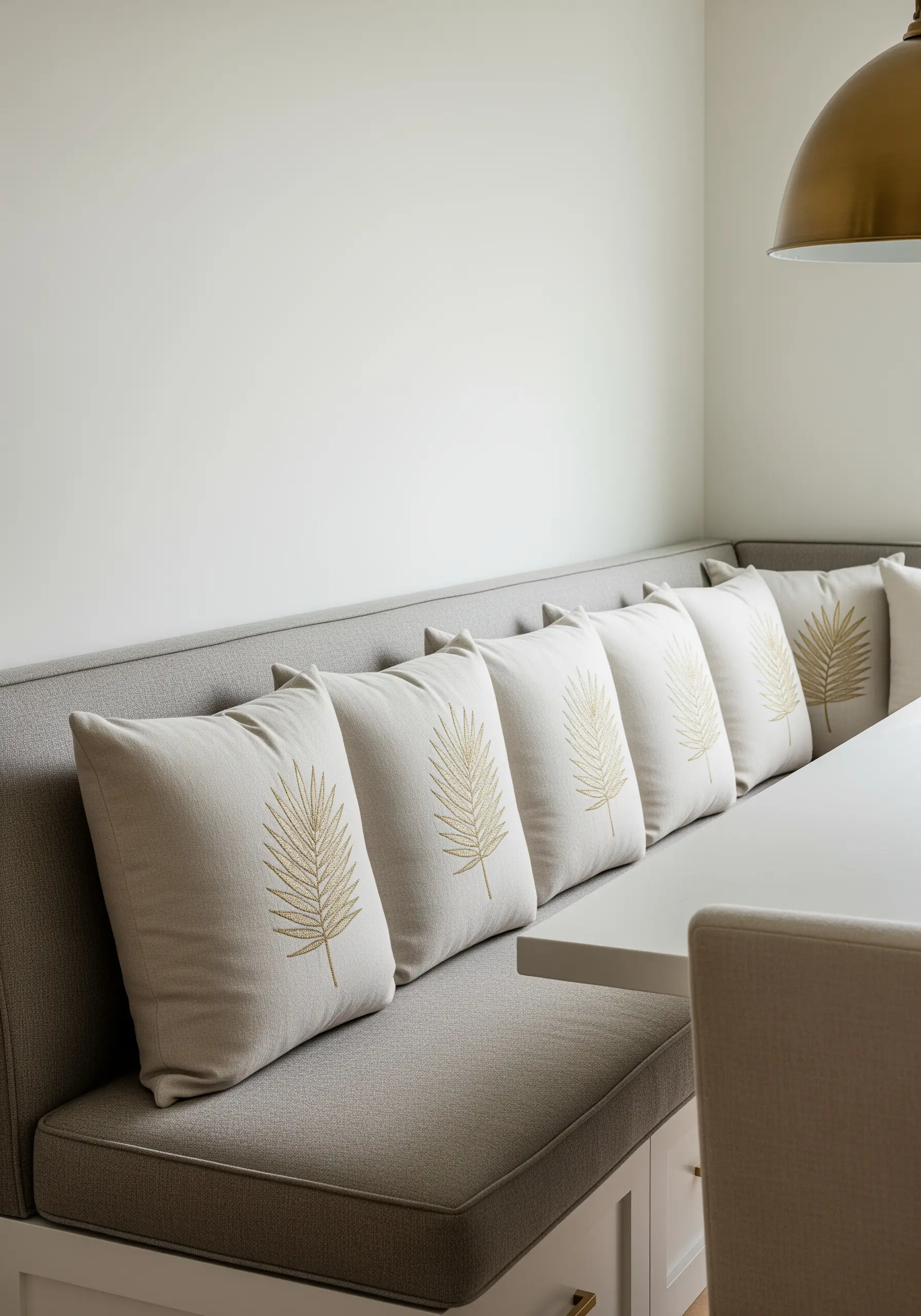 Gold thread palm frond embroidery on a row of light grey cushions.