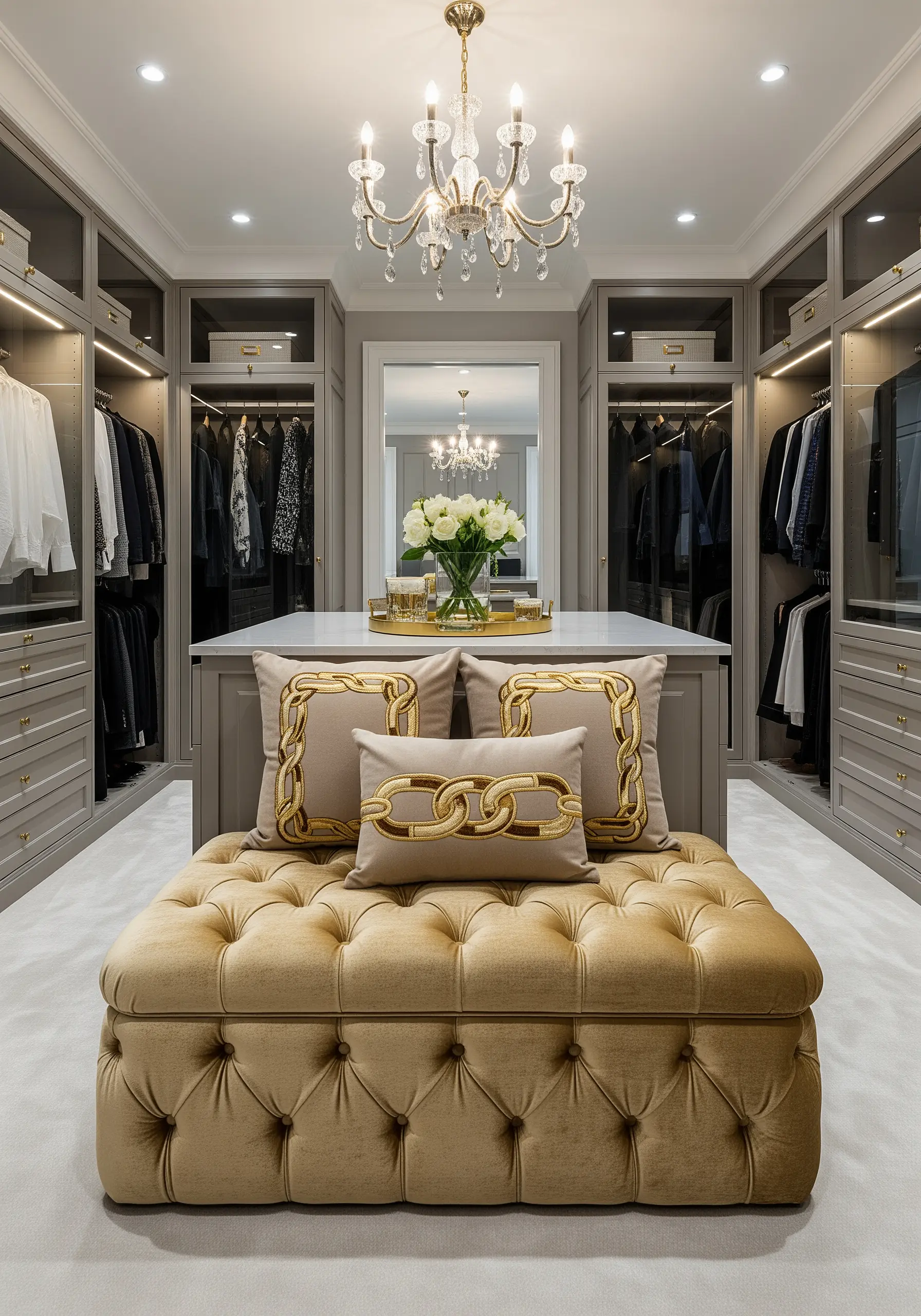 Gold padded satin stitch creating an interlocking chain link on a cushion.