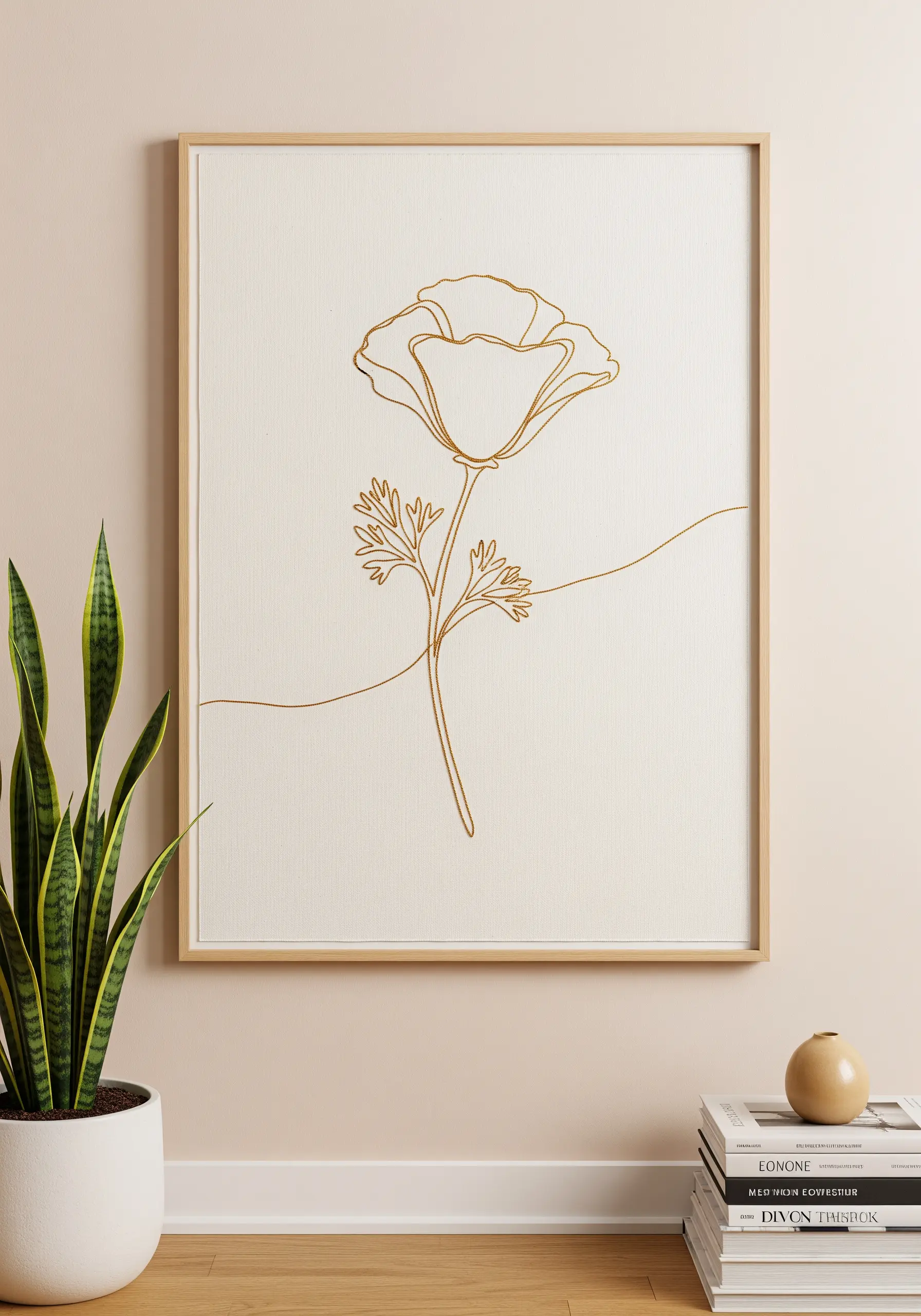 Gold thread one-line poppy embroidery framed as modern wall art.