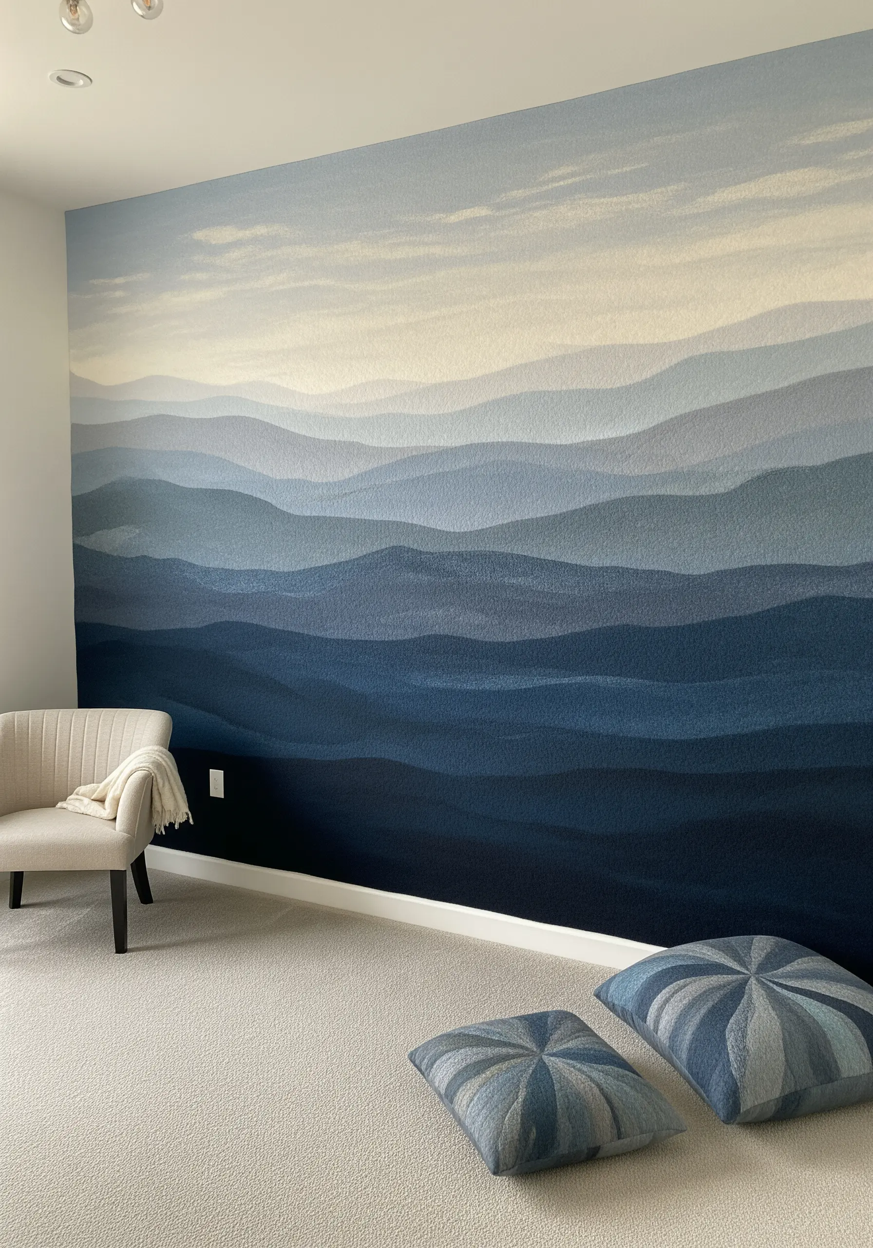 Wall mural painted to look like a blue gradient mountain landscape