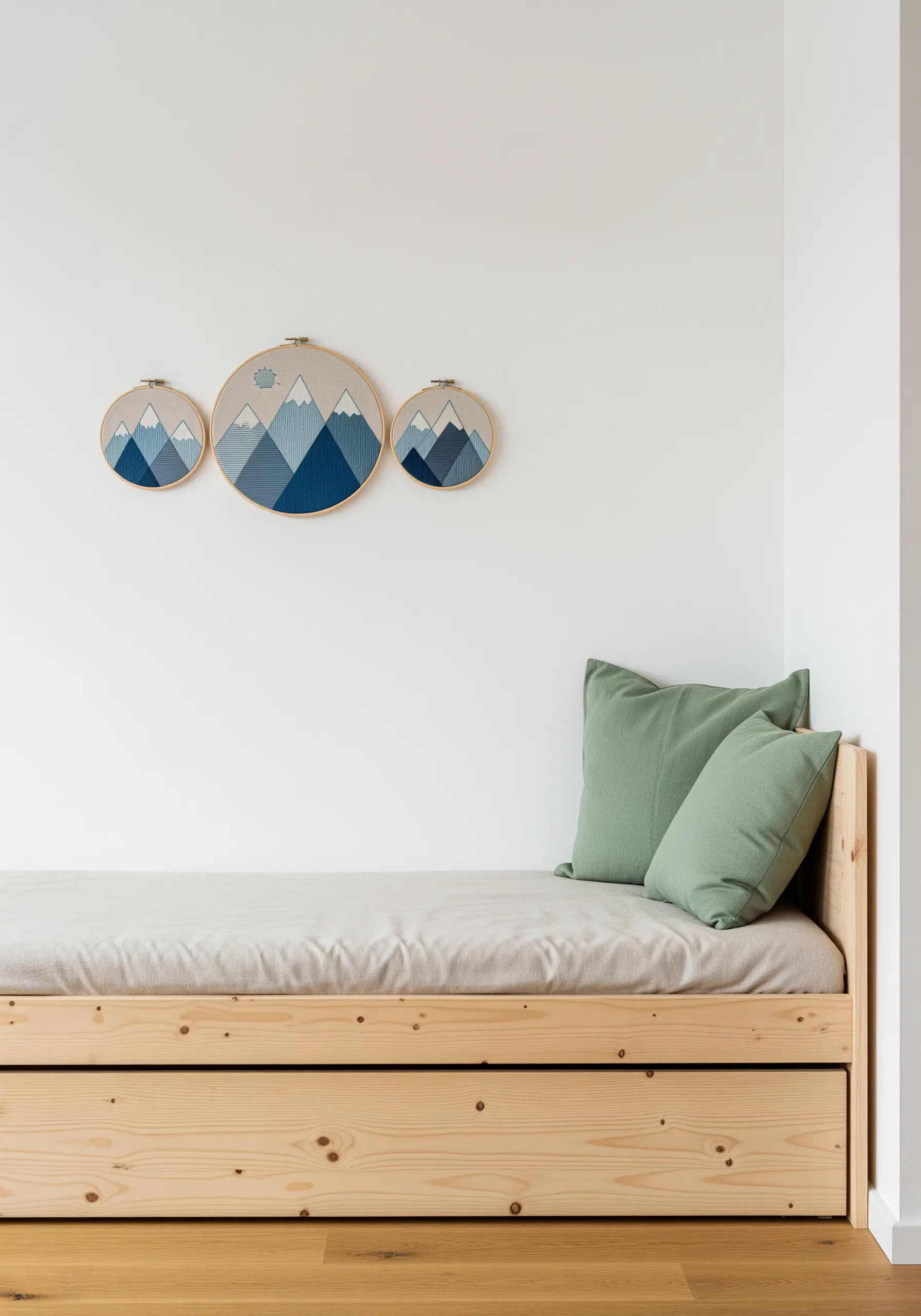 Three small embroidery hoops with graphic blue mountain designs.