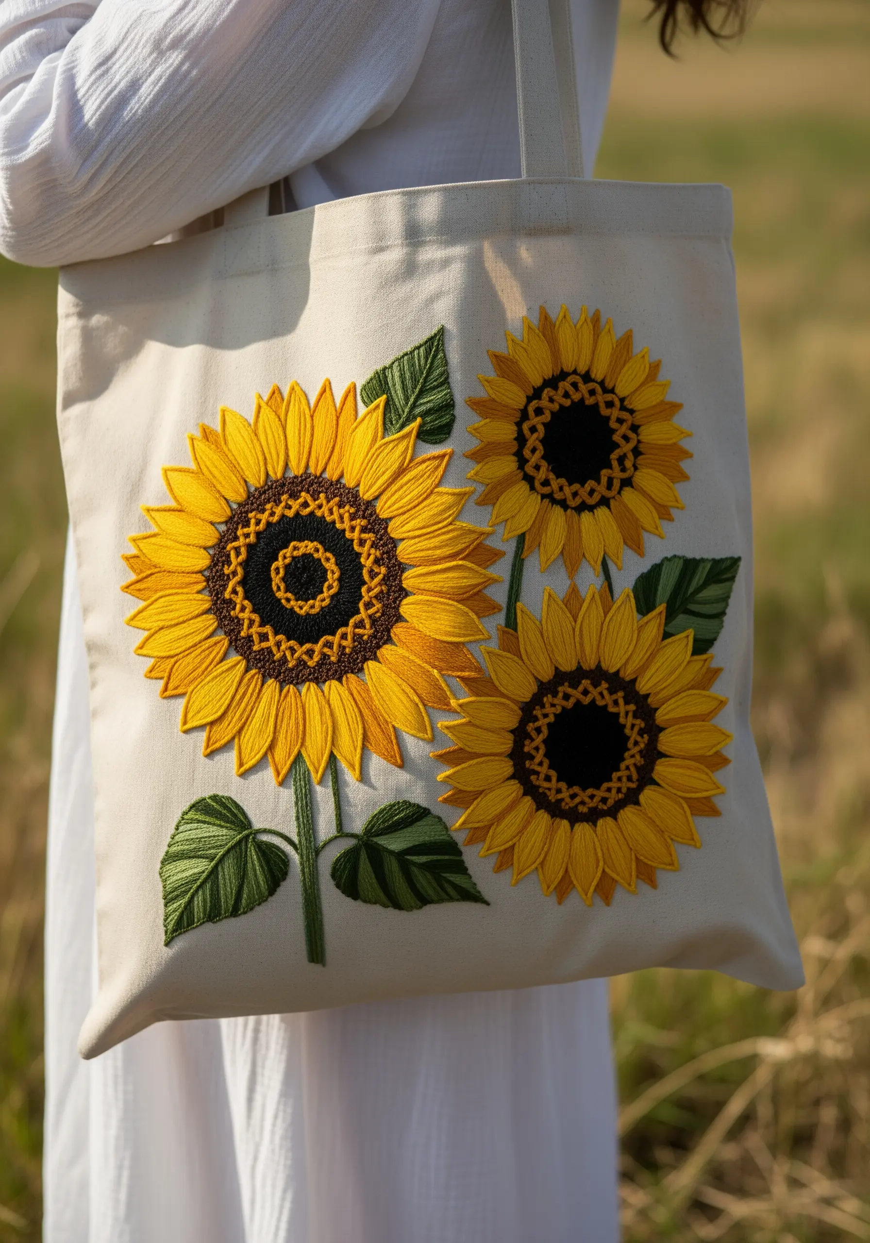 Three bold embroidered sunflowers with textured centers on a cream tote bag.