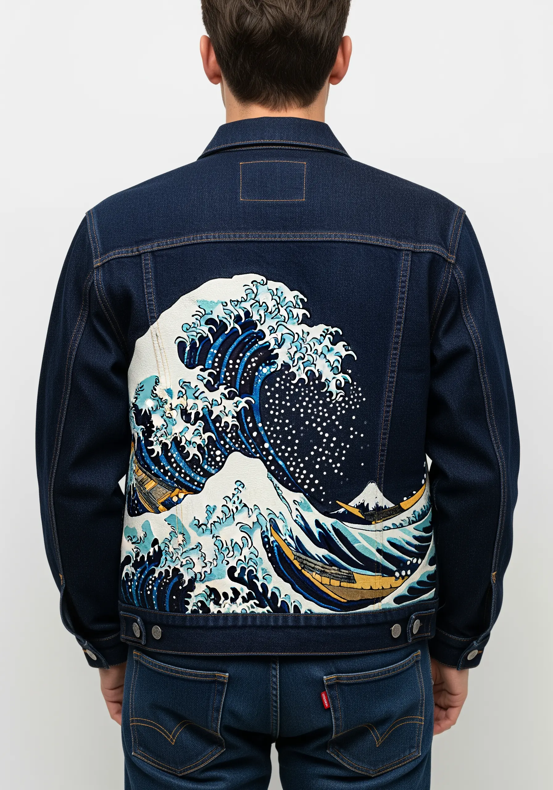 An embroidered rendition of Hokusai's 'The Great Wave' on the back of a denim jacket.