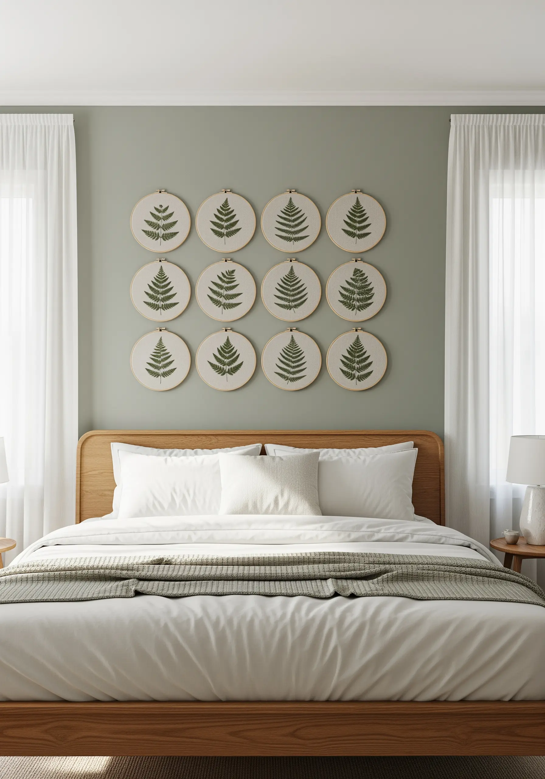 Grid layout of twelve embroidery hoops featuring fern leaves on green wall