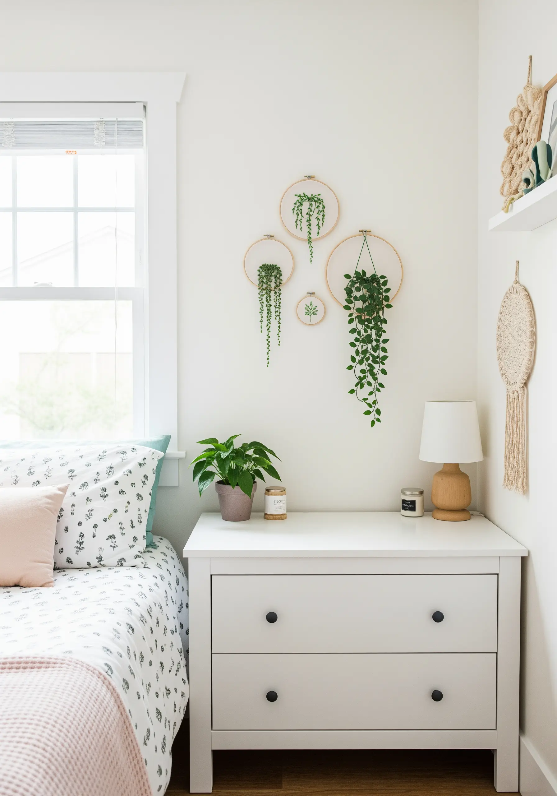 A collection of embroidery hoops with different stitched hanging plants on a white wall.