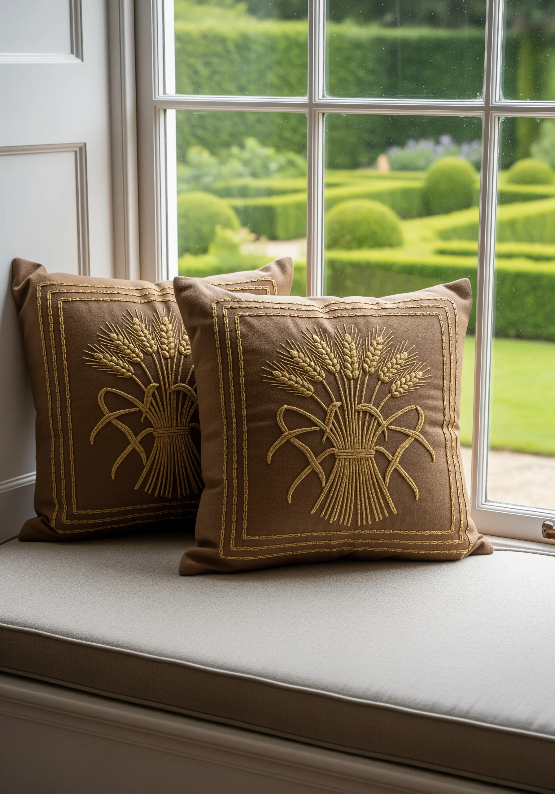 Gold thread wheat sheaf embroidery on a dark beige cushion.