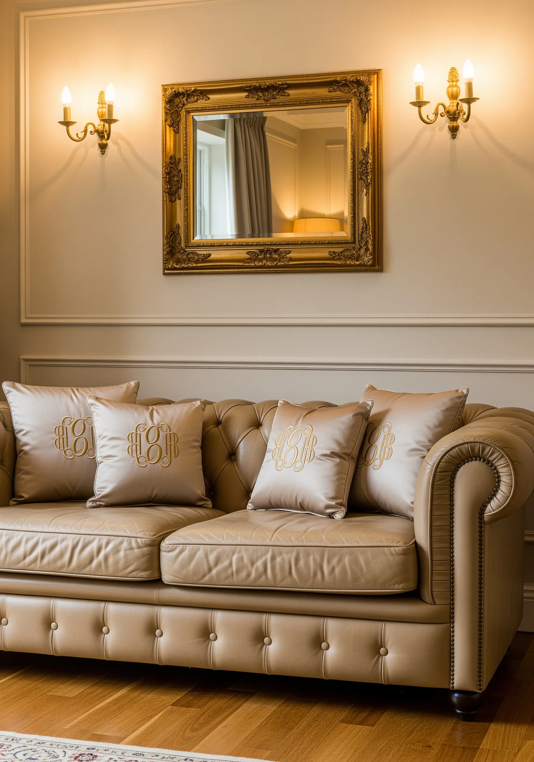 Ornate gold thread monograms on satin beige cushions.