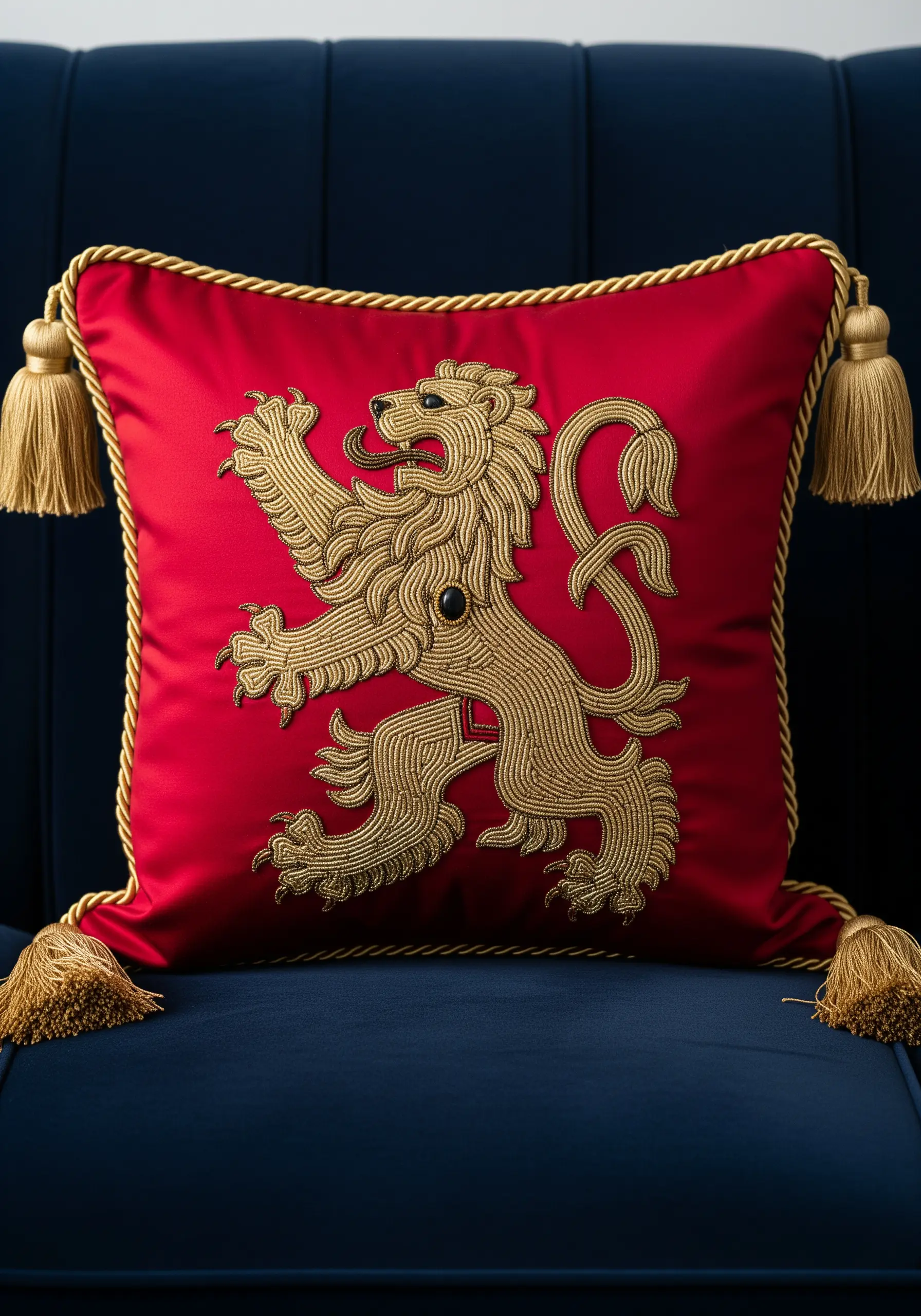 Goldwork heraldic lion motif on a red satin cushion with gold tassels.