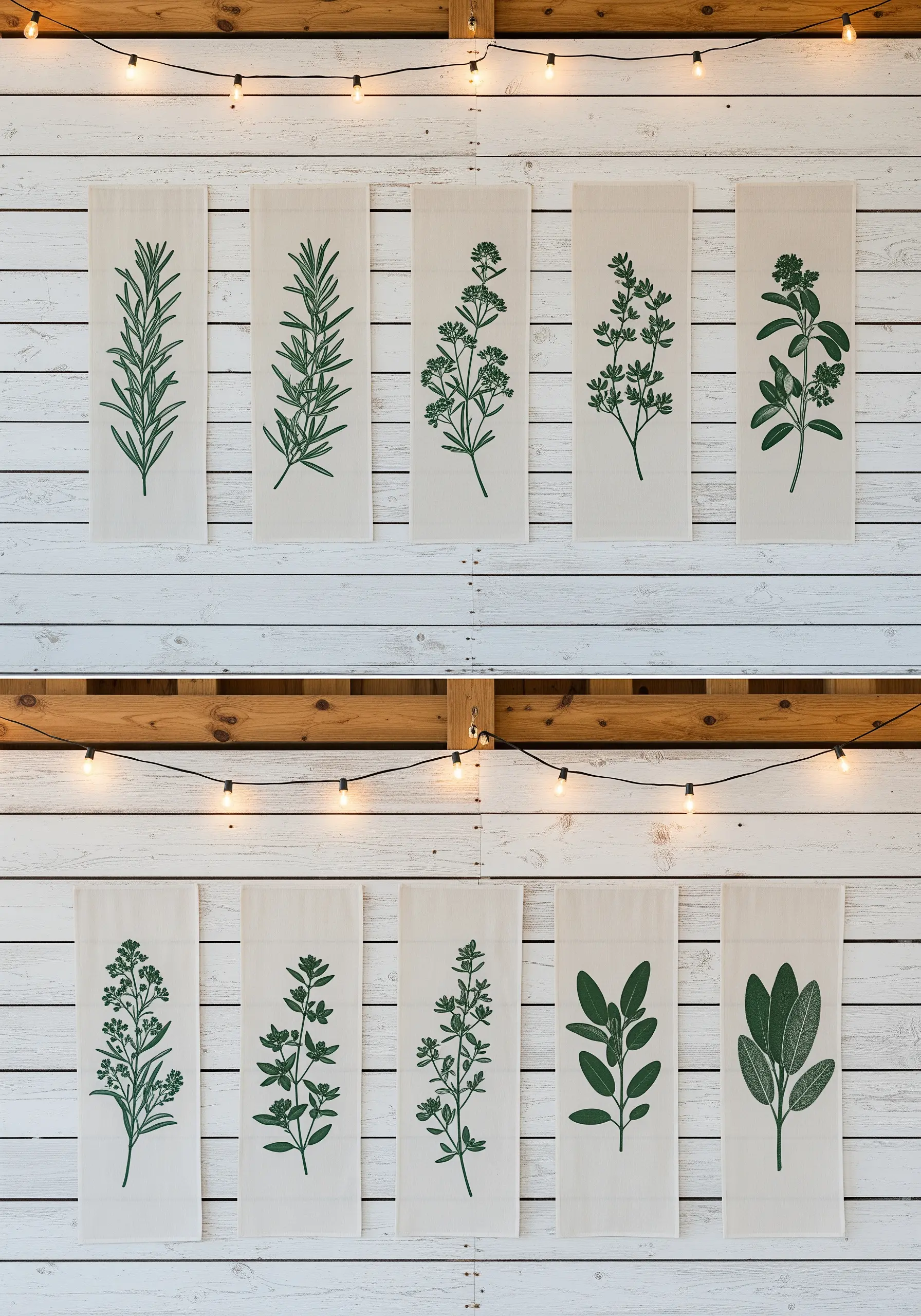 A collection of hanging banners, each embroidered with a different culinary herb like rosemary and sage.
