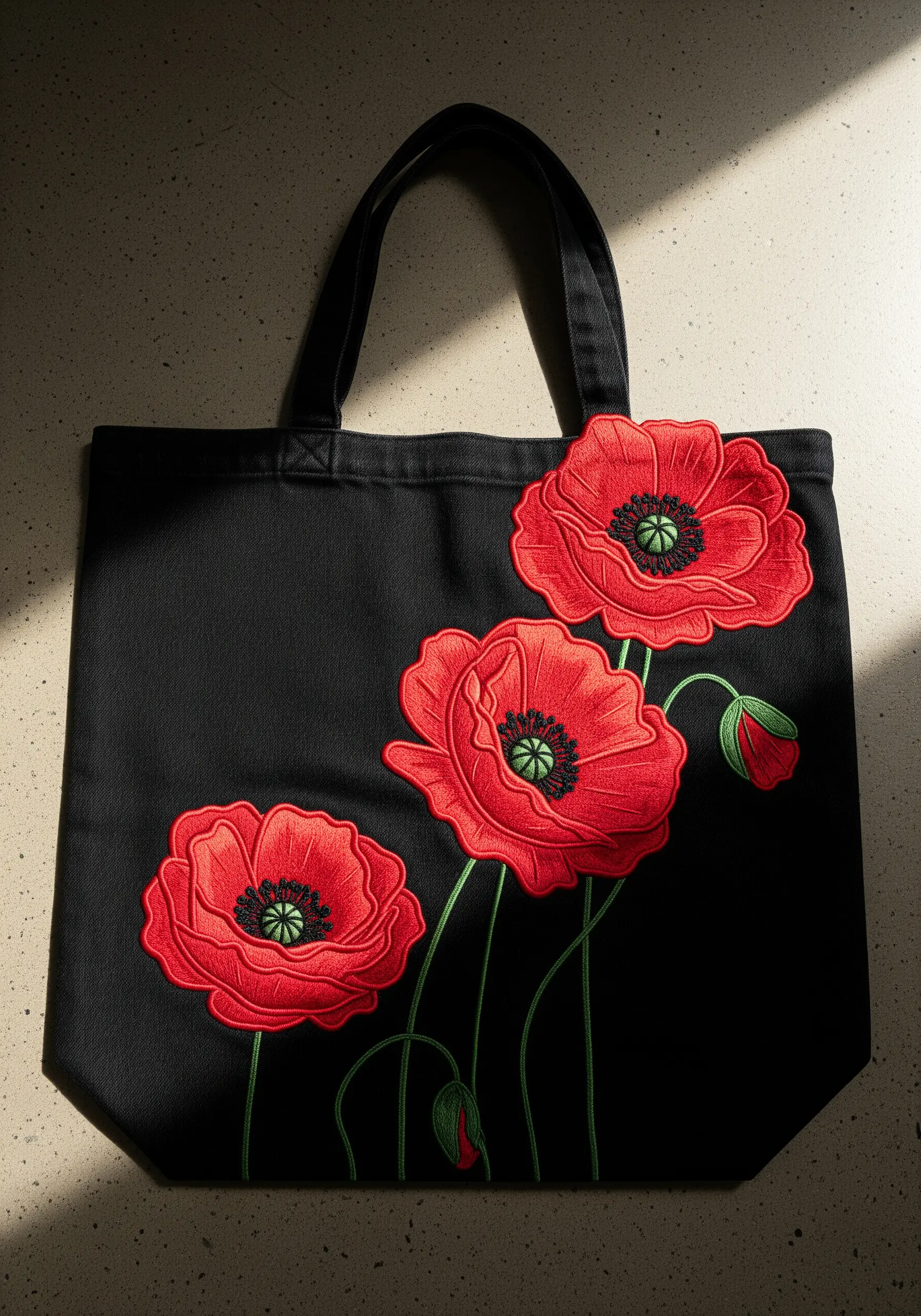 Three large, graphic red poppy flowers embroidered on a black tote bag.