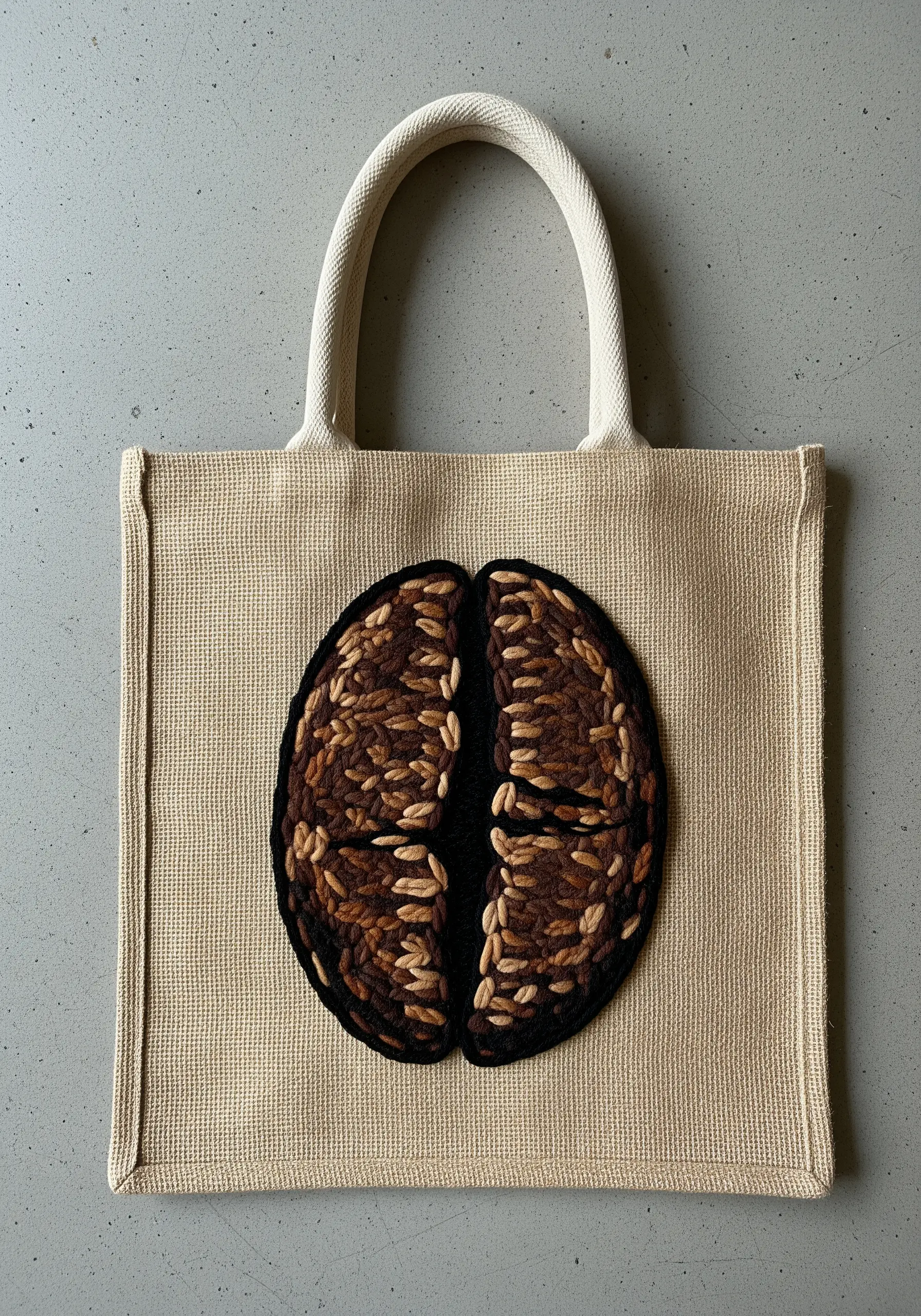 A large, highly textured embroidered coffee bean using chunky yarns and varied stitches.