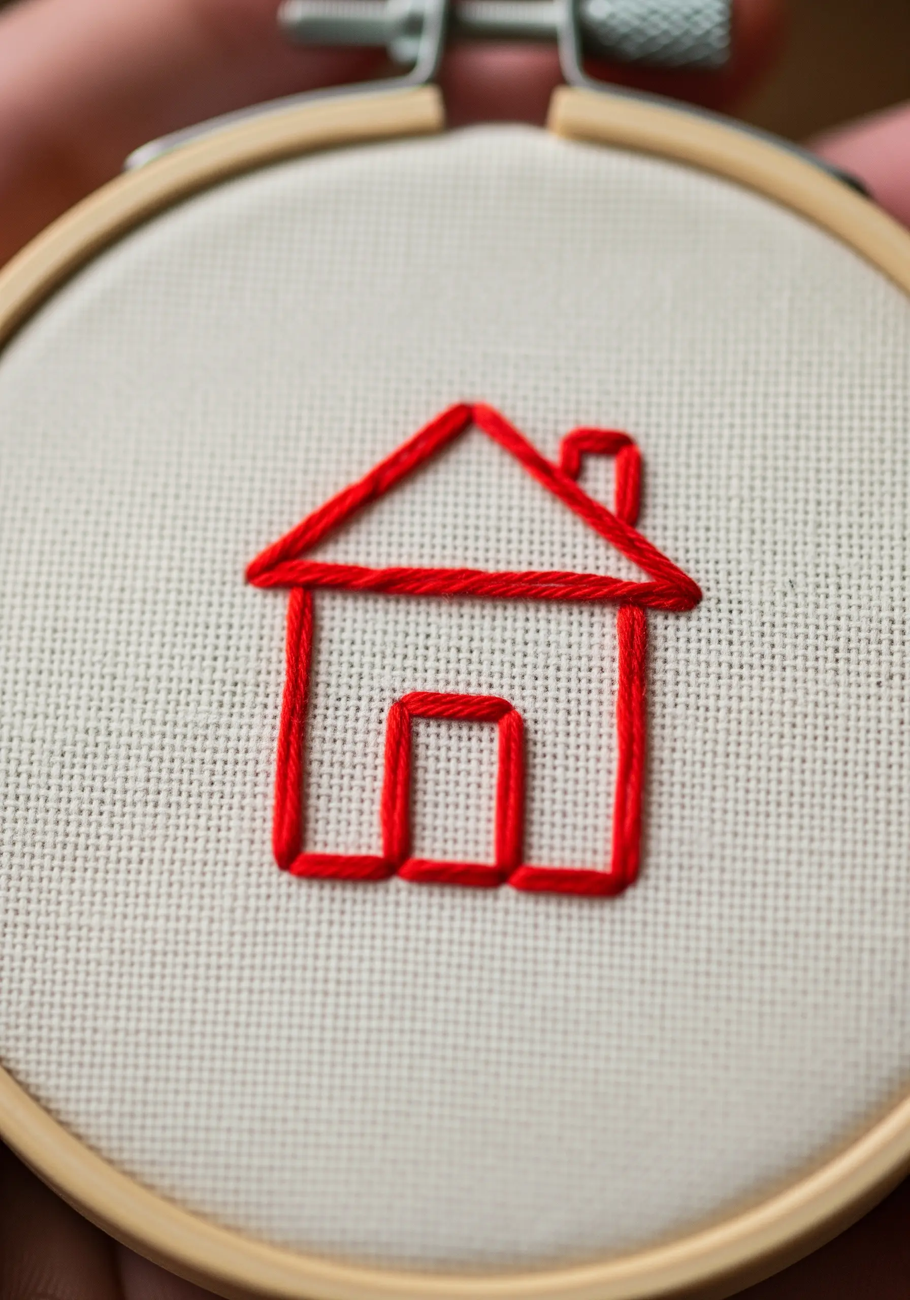 Simple red outline of a house embroidered on light-colored Aida cloth.