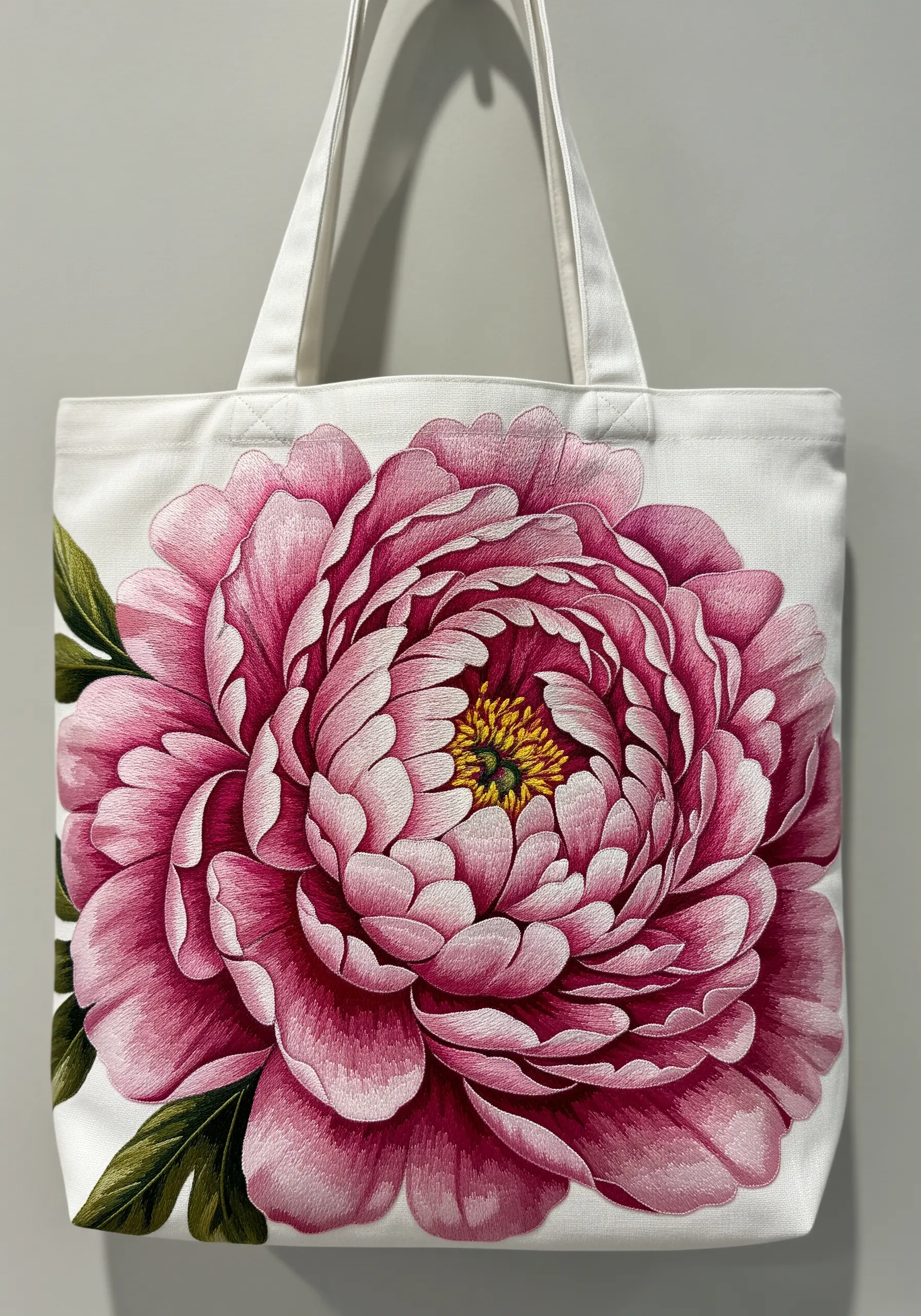 A large, hyper-realistic pink peony embroidered with thread painting on a white tote.