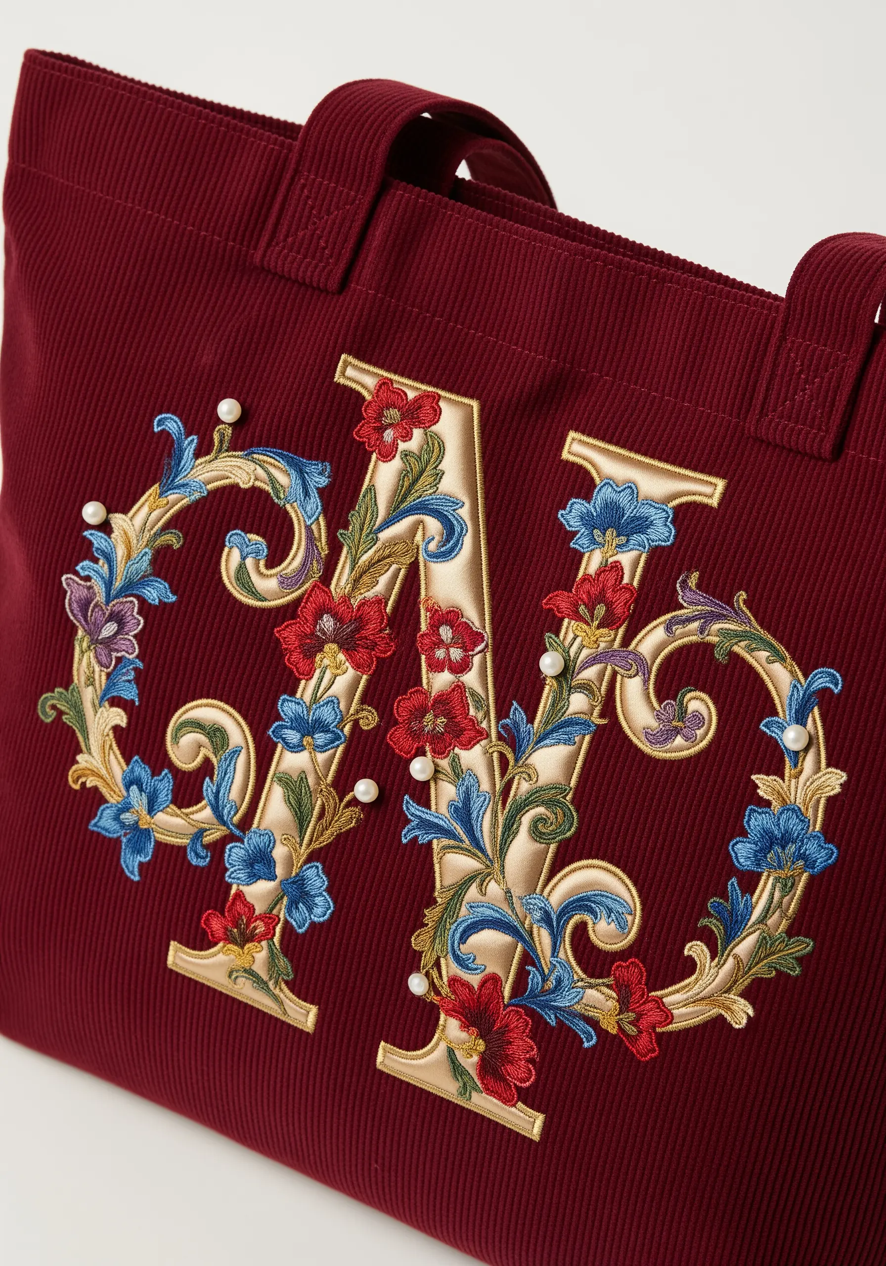 A detailed floral monogram embroidered on a crimson corduroy tote with red, blue, and gold threads.