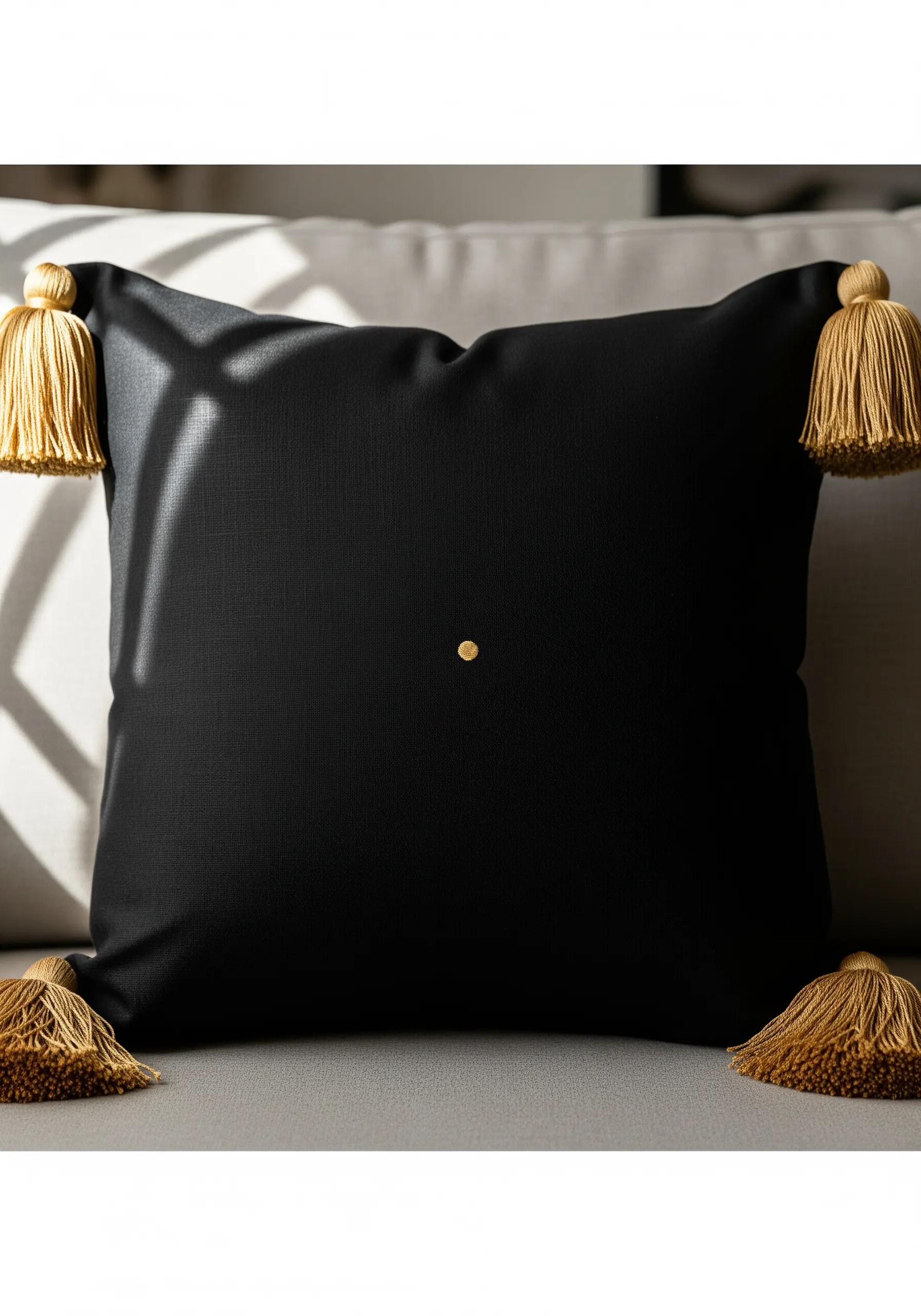 A single gold embroidered dot in the center of a black cushion with gold tassels.