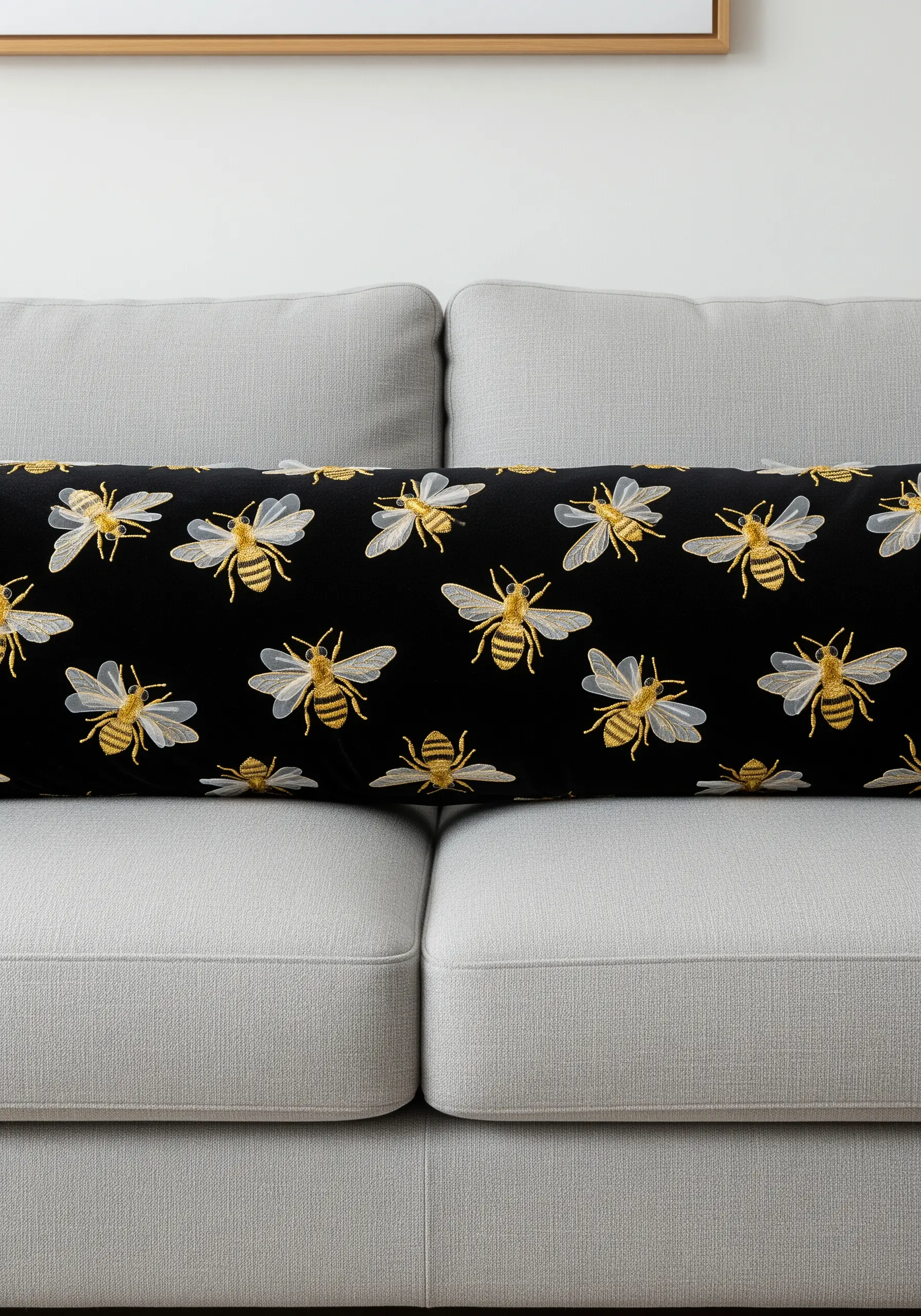 An all-over pattern of embroidered imperial bees with sheer wings on a black cushion.