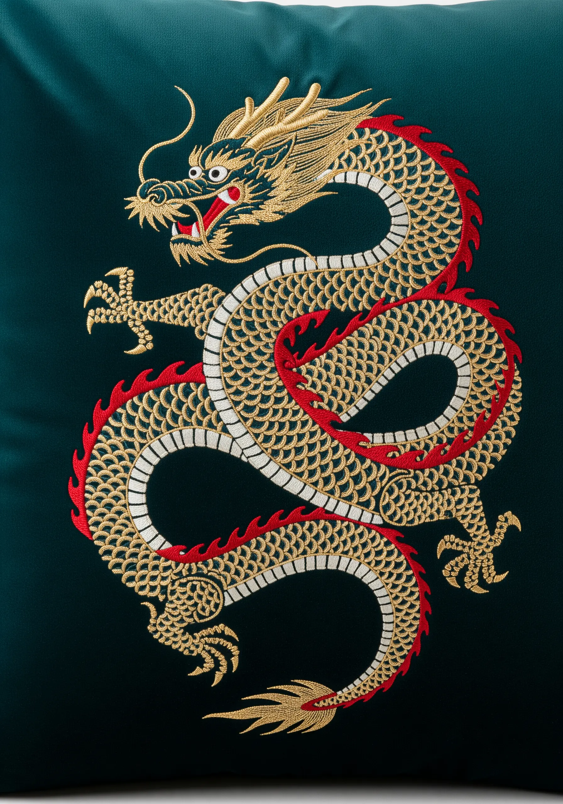 A coiling gold, red, and white imperial dragon embroidered on a dark teal cushion.