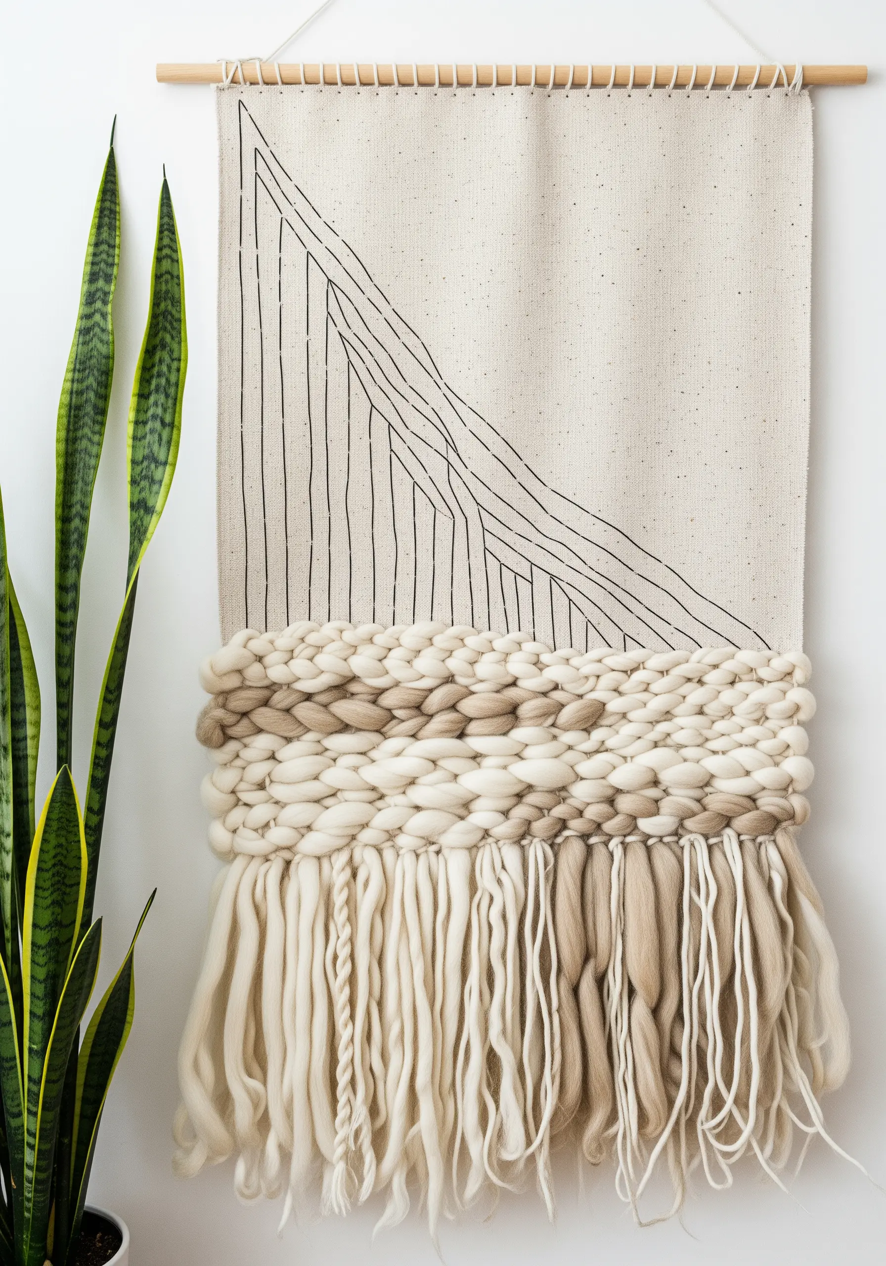 Woven wall hanging with chunky wool base and fine black embroidered lines on top.