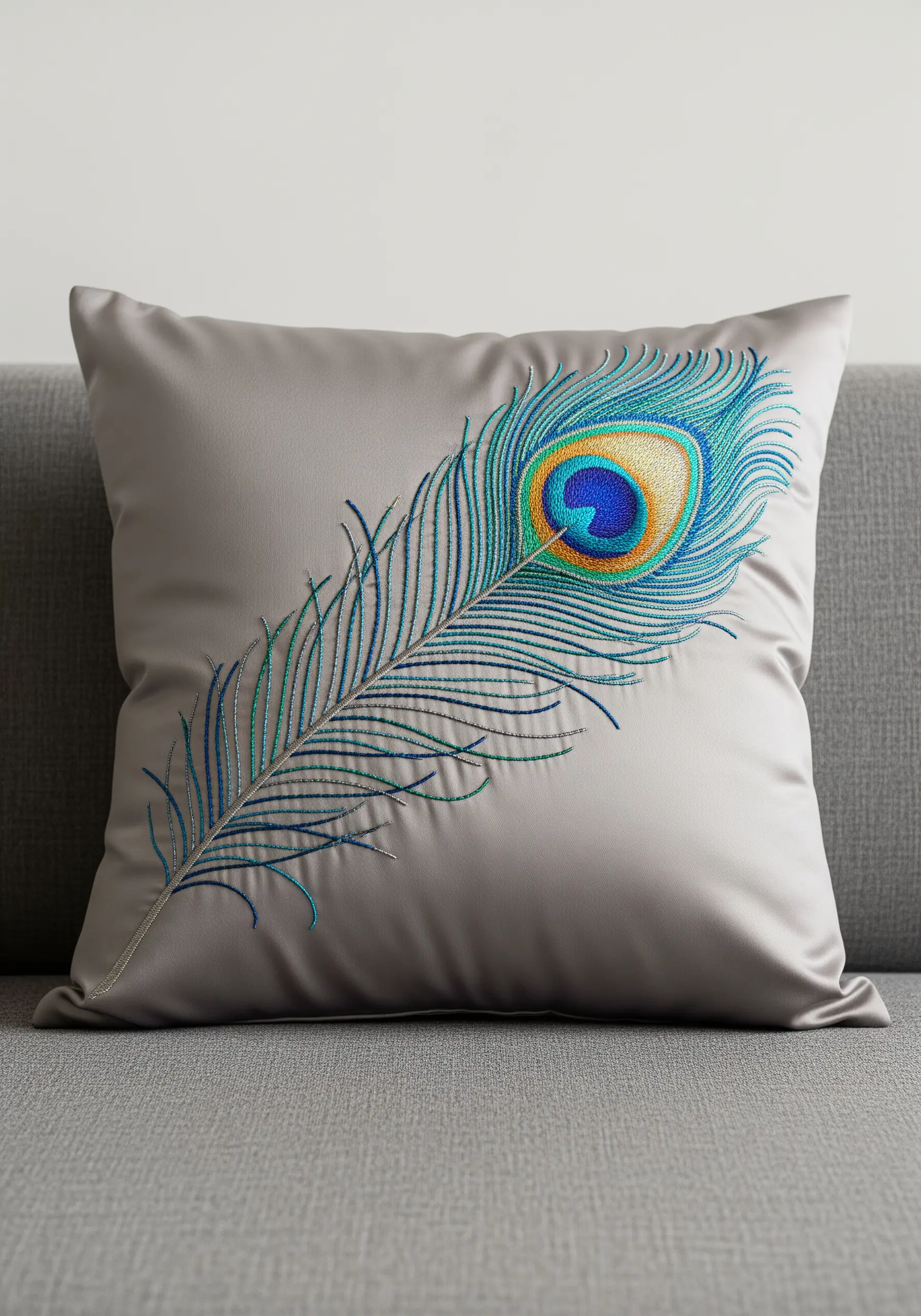 A single, iridescent peacock feather embroidered with long and short stitch on a grey cushion.