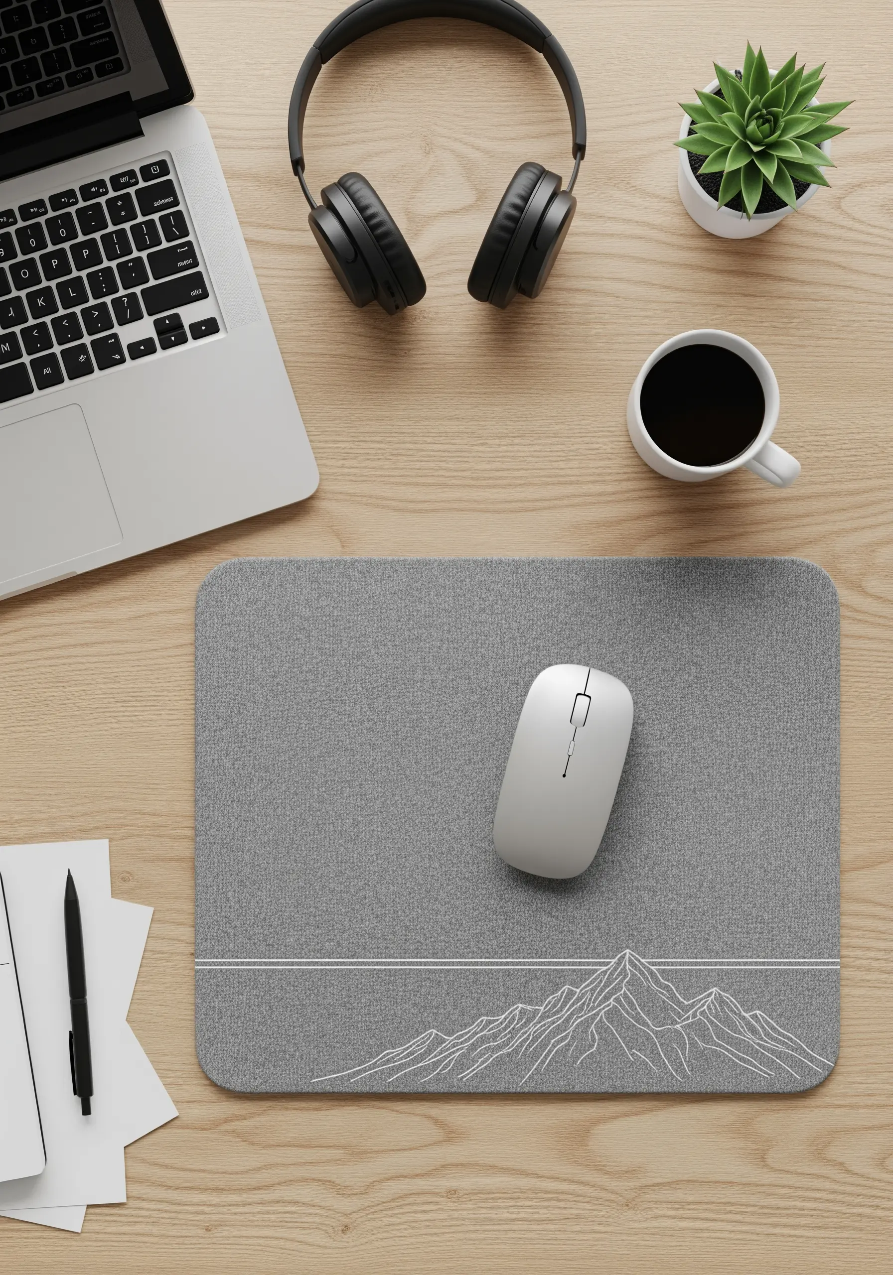 A continuous white line drawing of a mountain range embroidered on a grey mousepad.