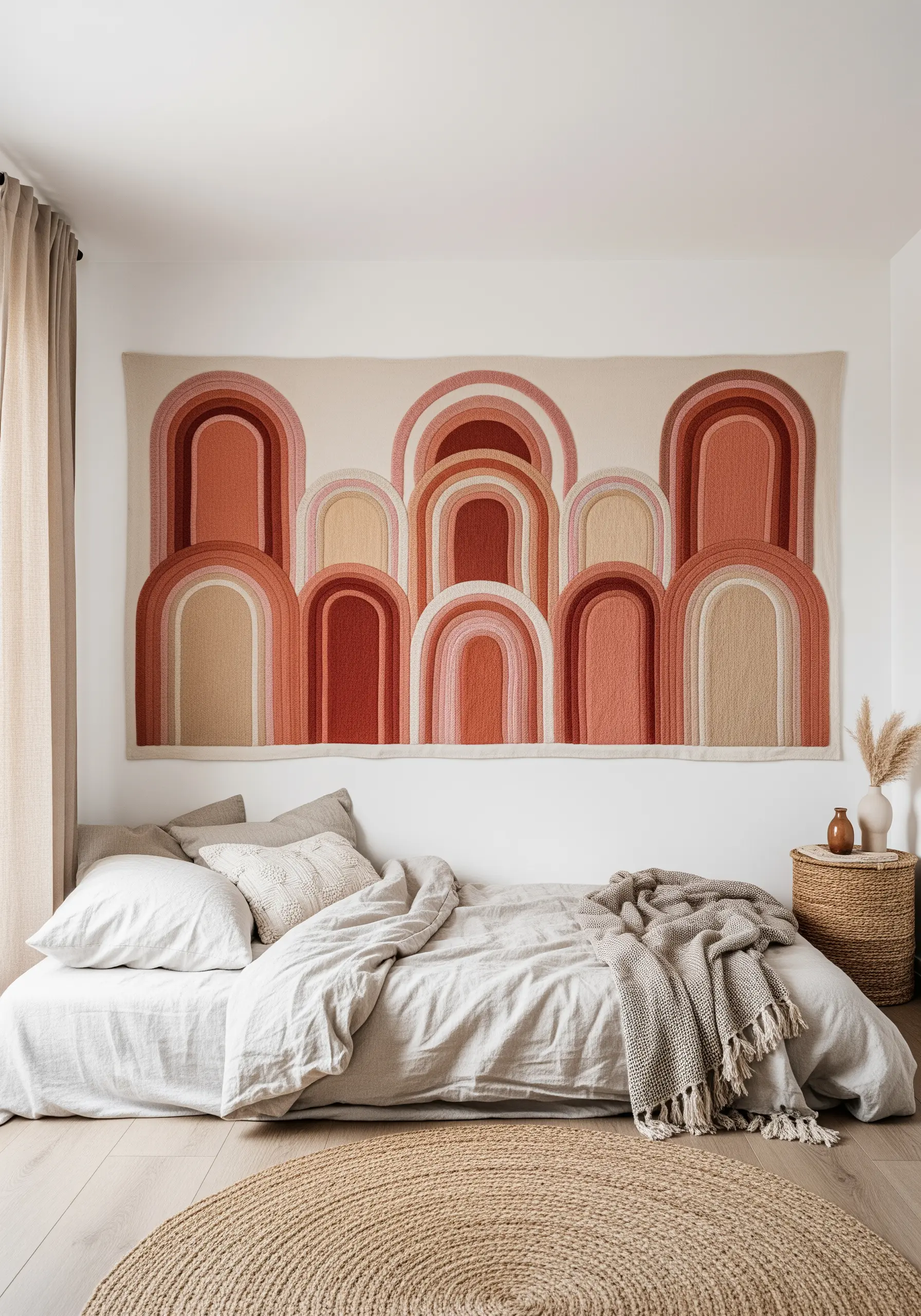 A large wall tapestry featuring layered, textural arches in earthy terracotta and pink tones.