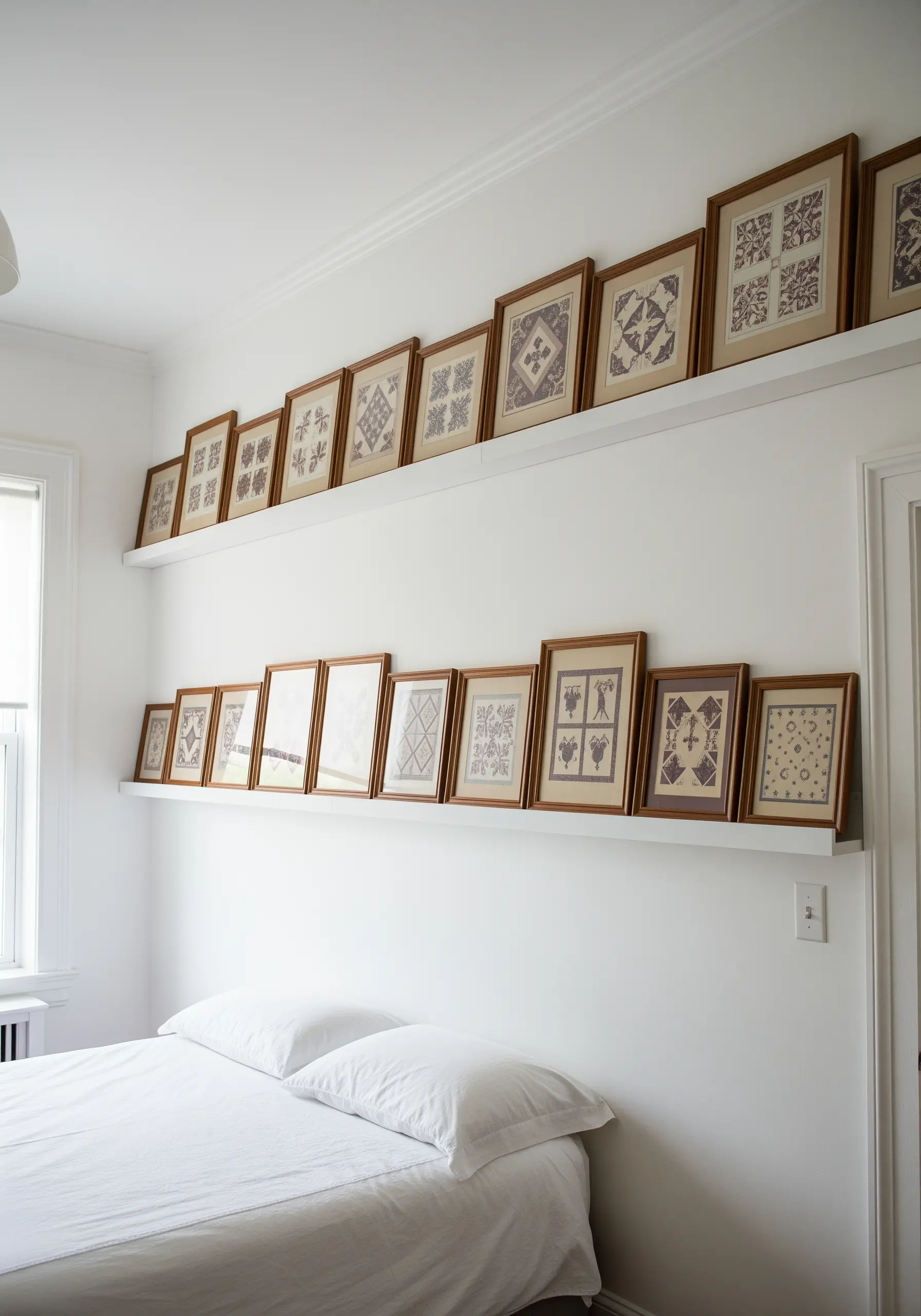 High shelf with framed embroidered quilt squares in neutral tones