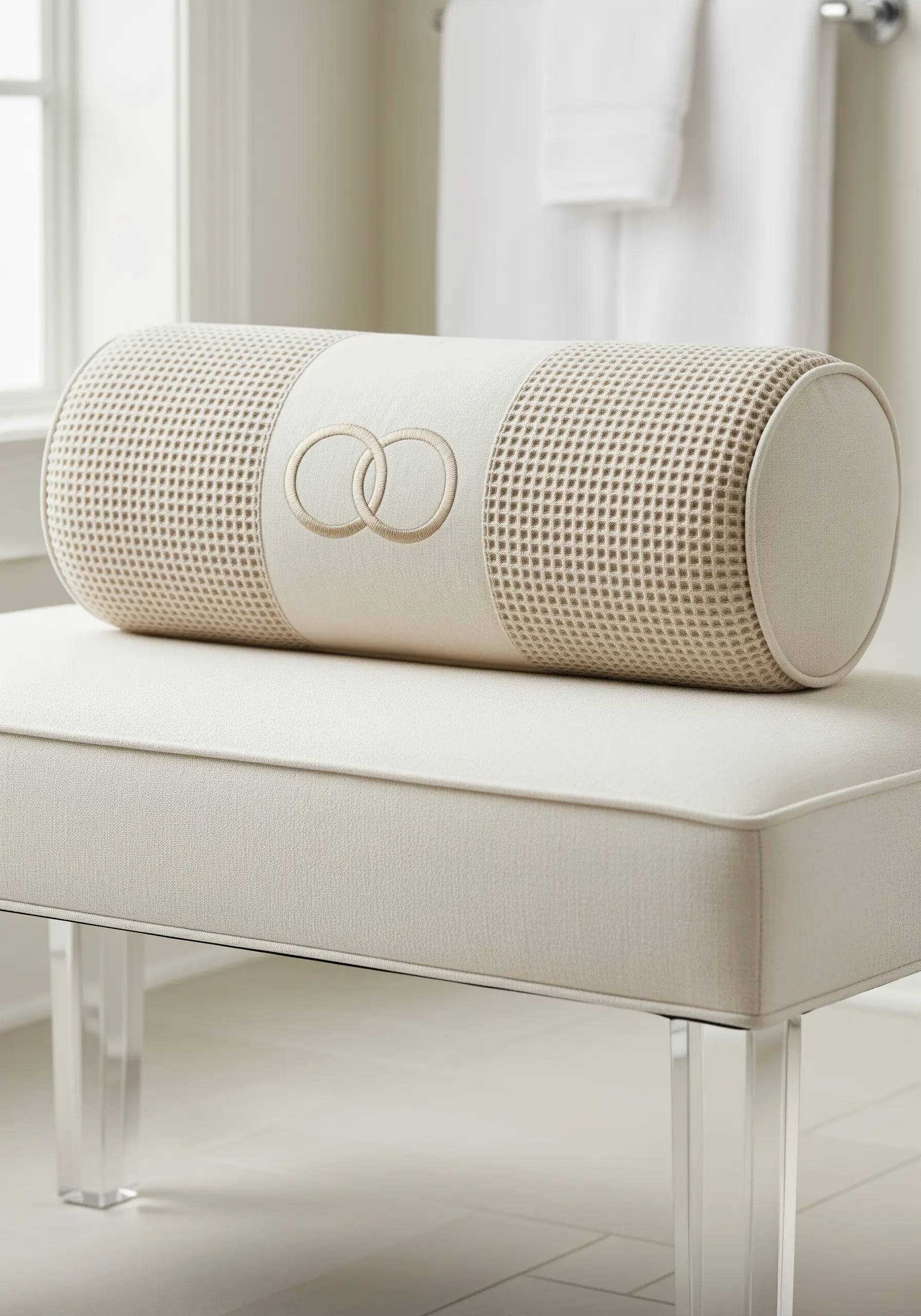 Two interlocking rings embroidered on a white waffle-texture bolster pillow.