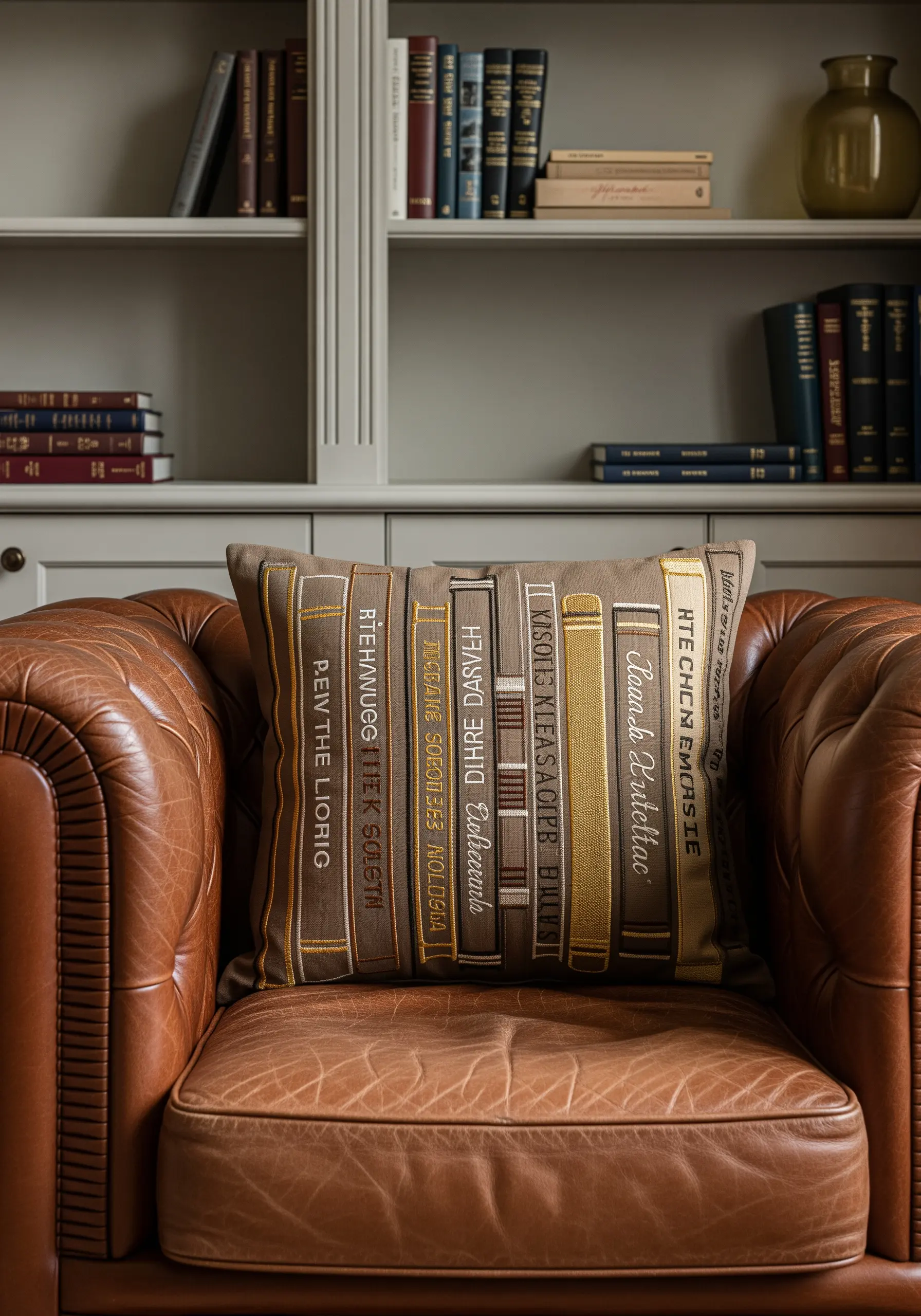Embroidered bookshelf with gold and beige book spines on a cushion.