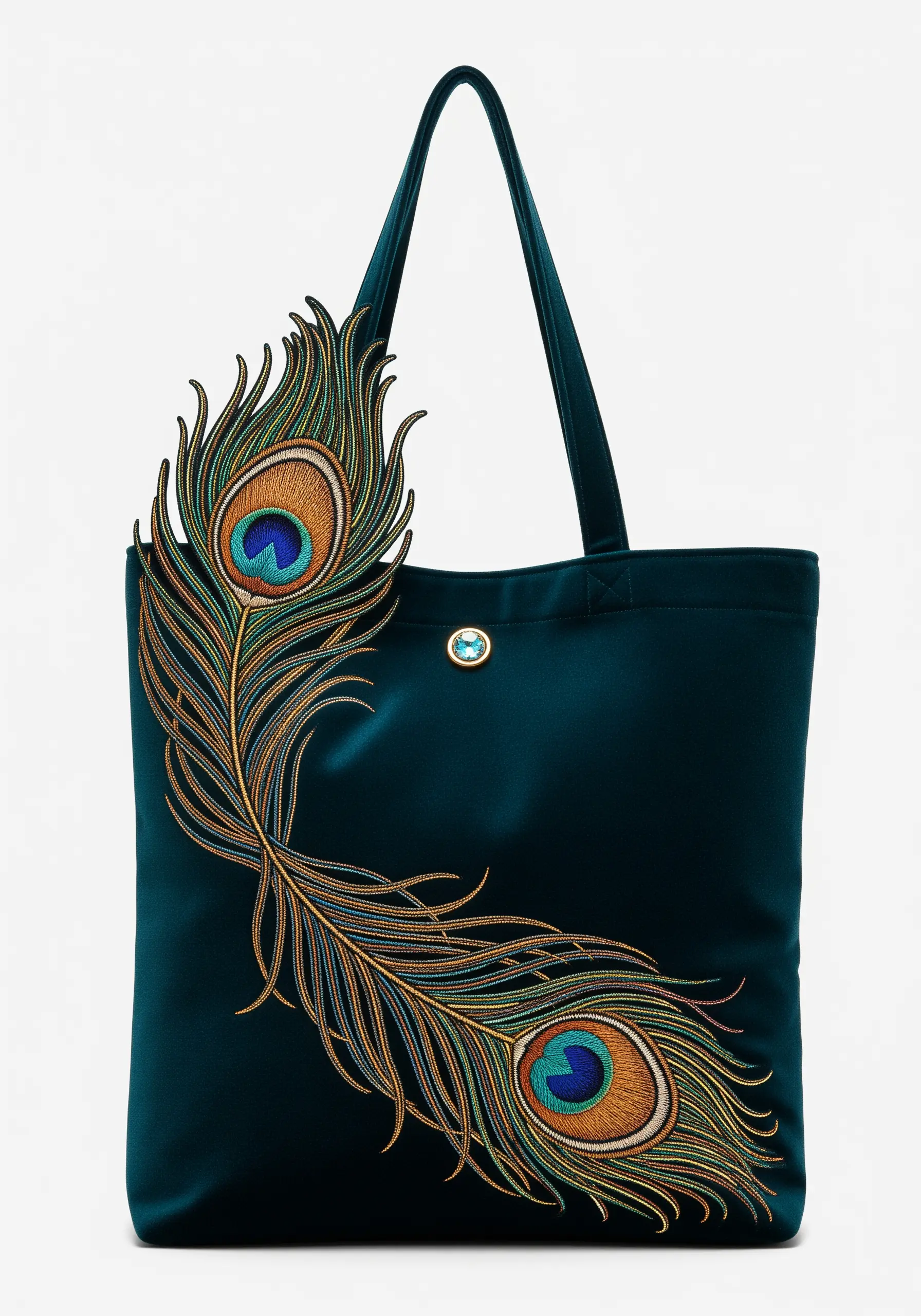 A detailed peacock feather embroidered with shiny threads, wrapping around a dark teal satin tote bag.