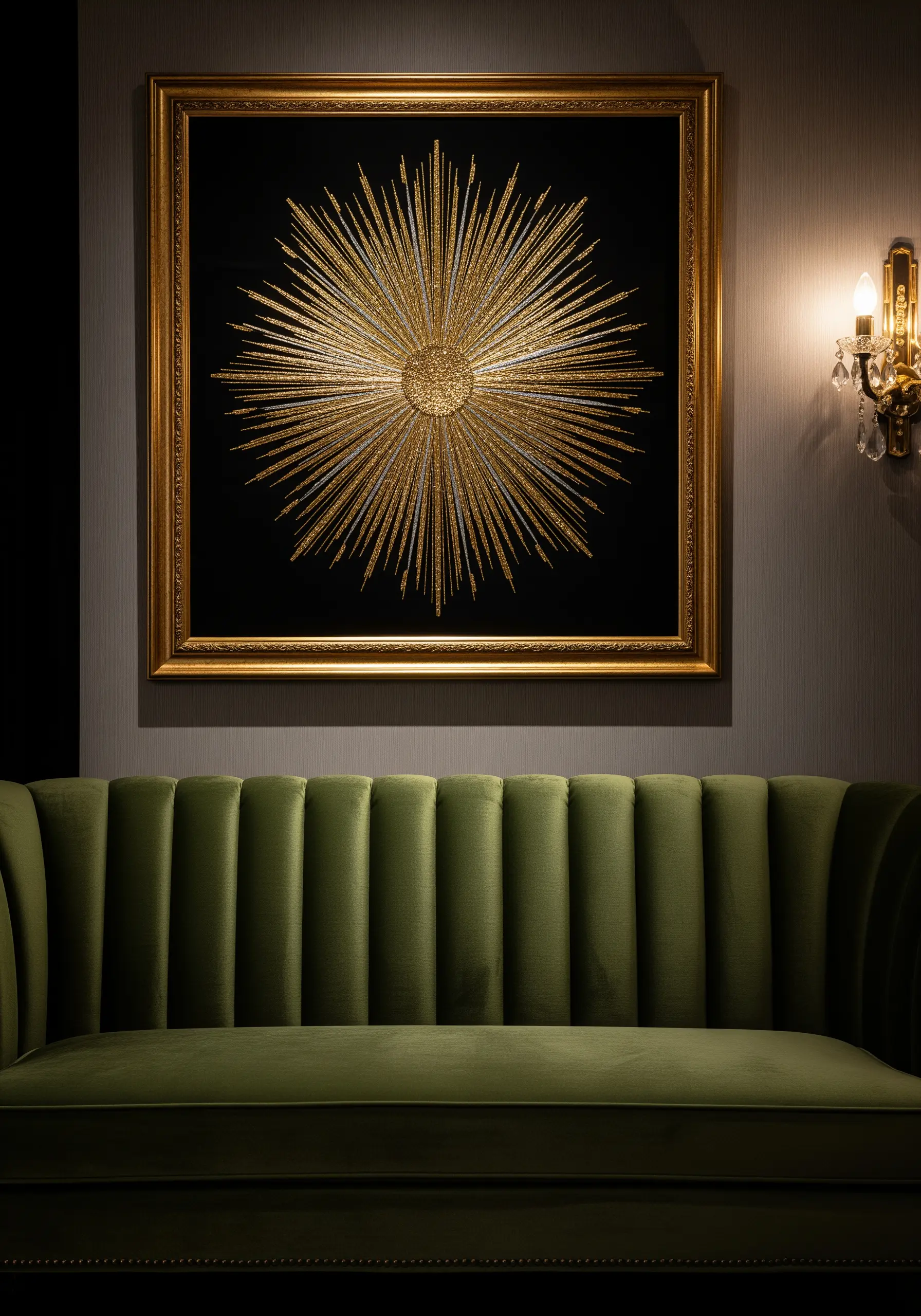 Gold metallic thread sunburst embroidery on black fabric in an ornate frame.