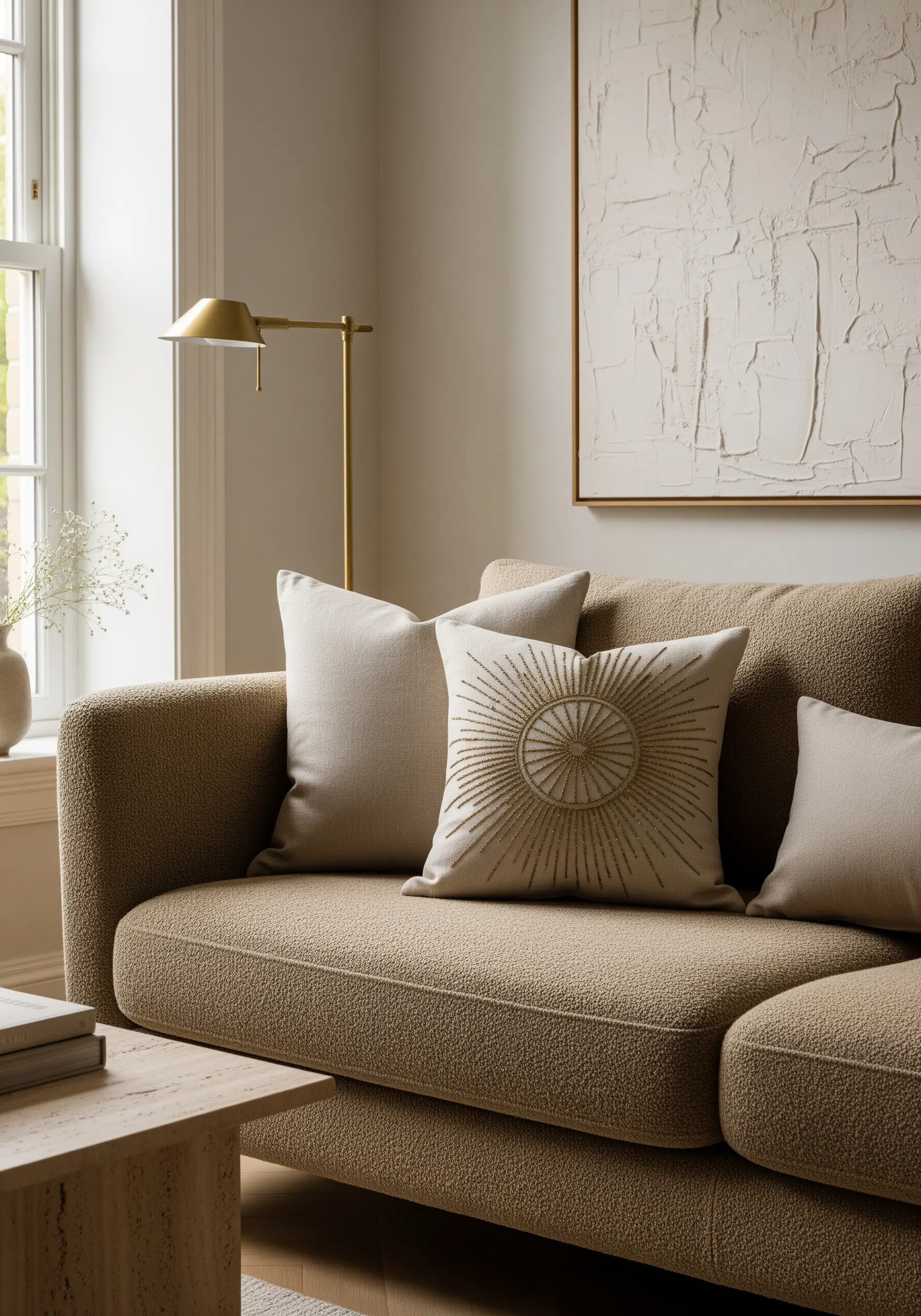 Gold thread sunburst embroidery with radiating stitches on a beige linen cushion.