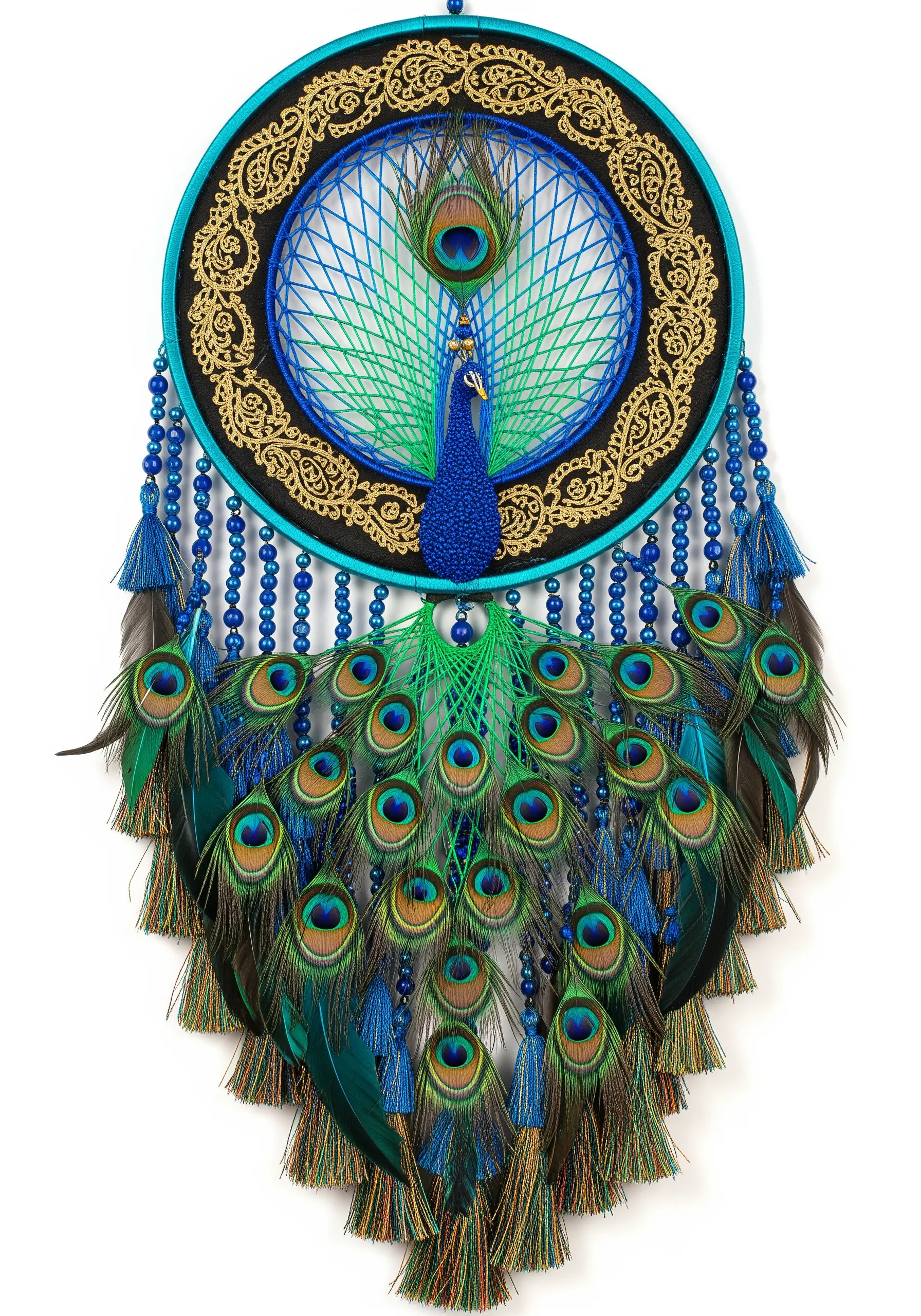 Elaborate peacock dreamcatcher with gold embroidery, blue string art, and real feathers.