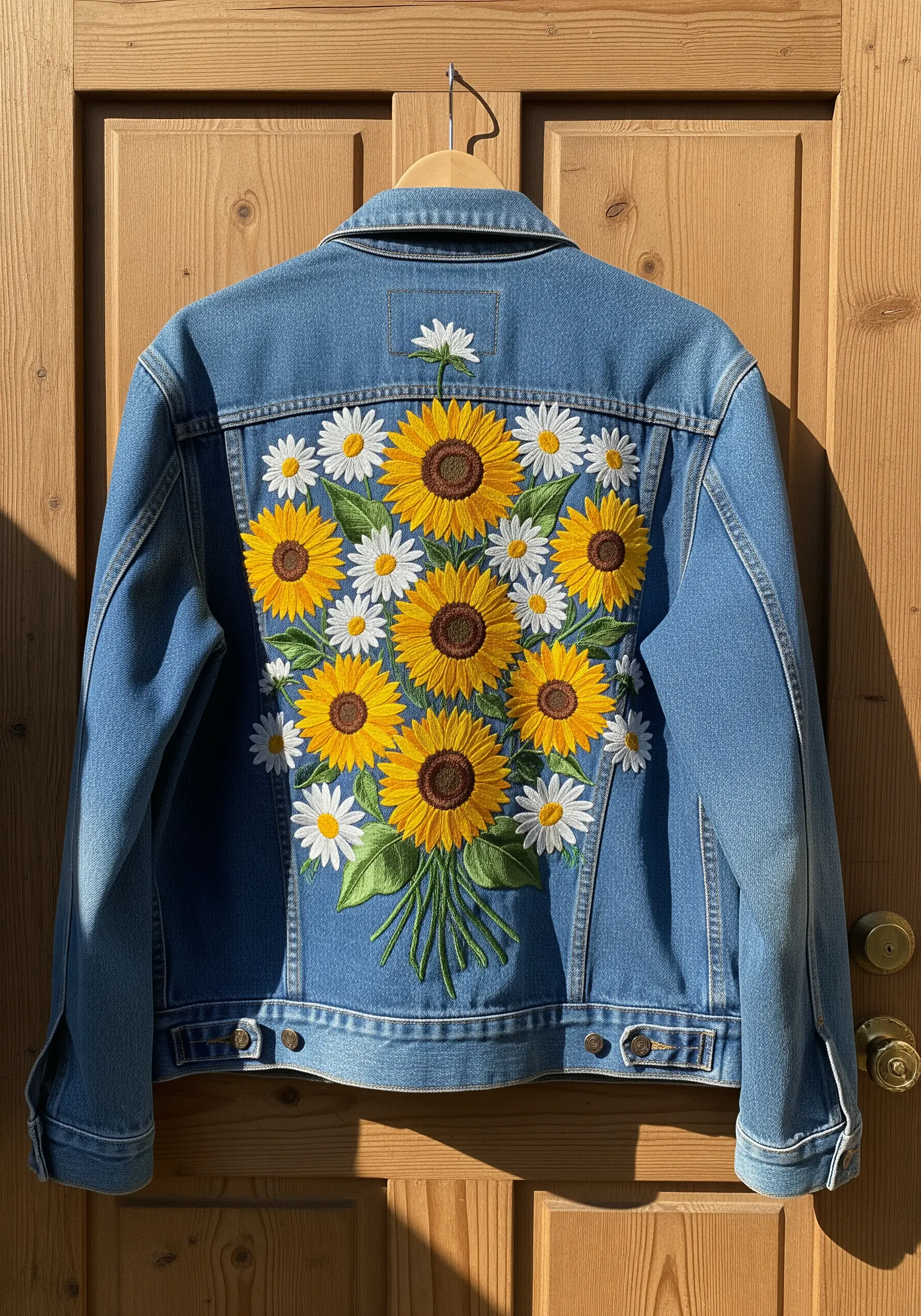 Denim jacket back embroidery featuring a dense bouquet of sunflowers and daisies