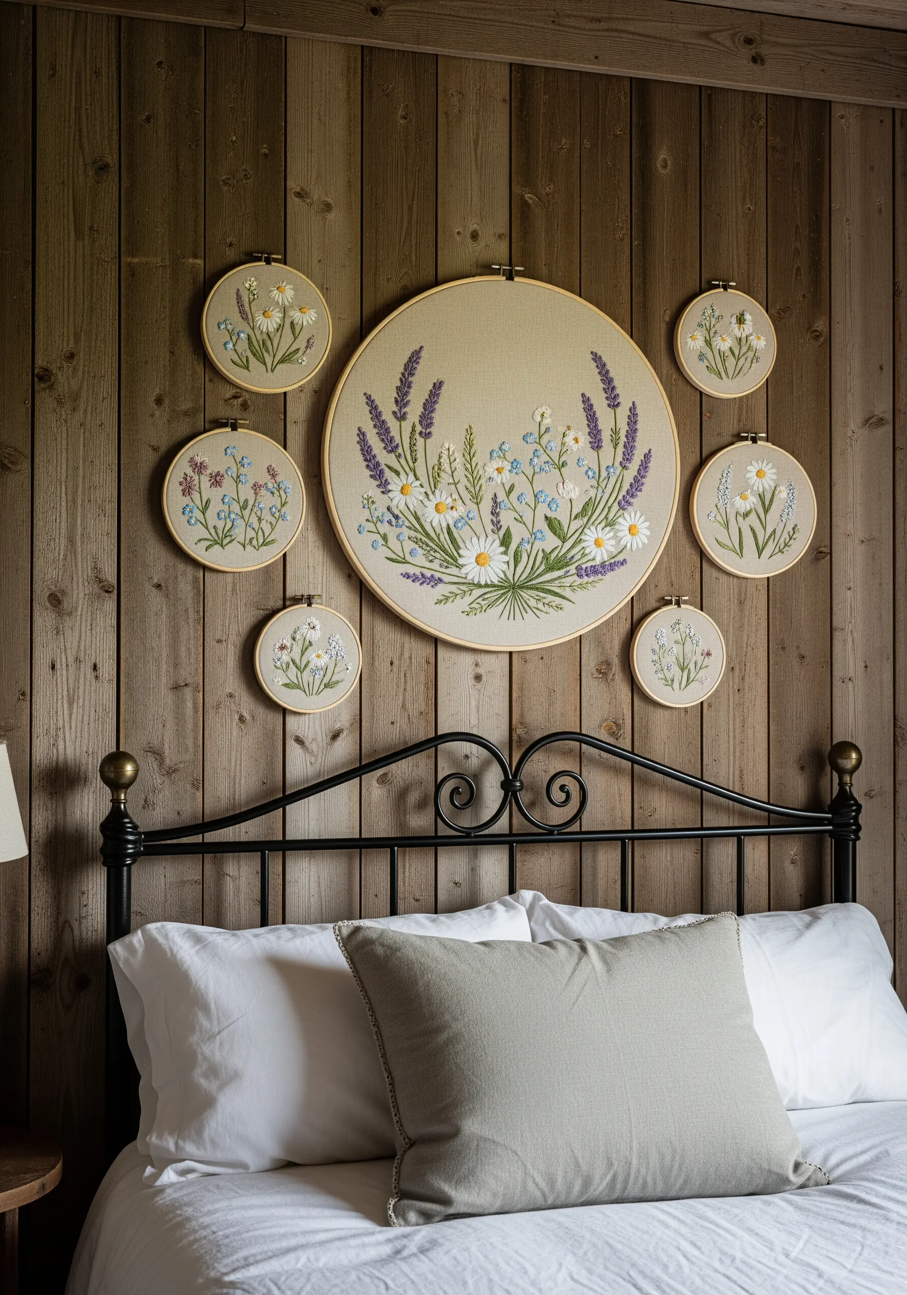 A collection of embroidery hoops featuring wildflower designs arranged on a wall.