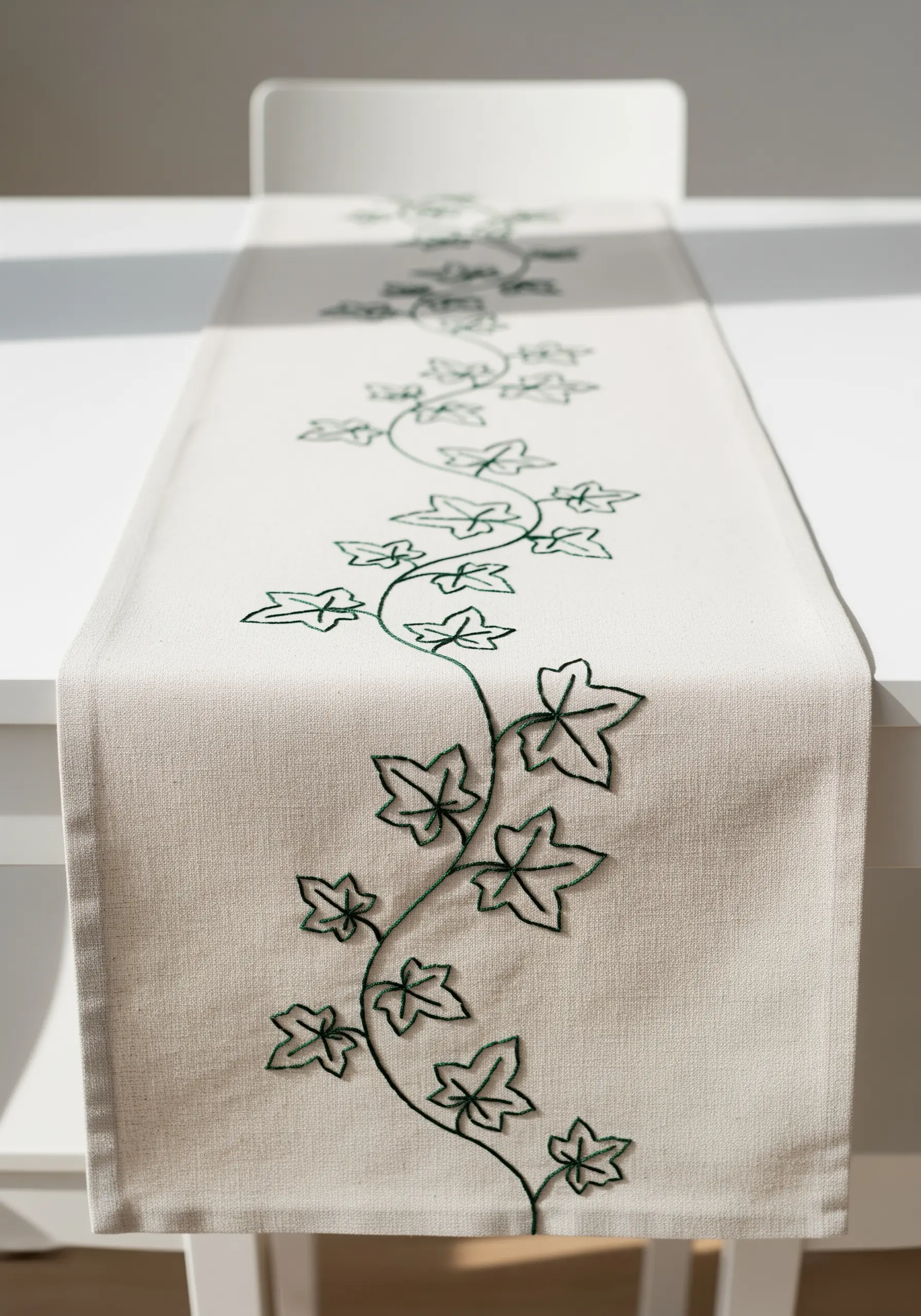 An off-white table runner embroidered with a continuous green ivy vine.