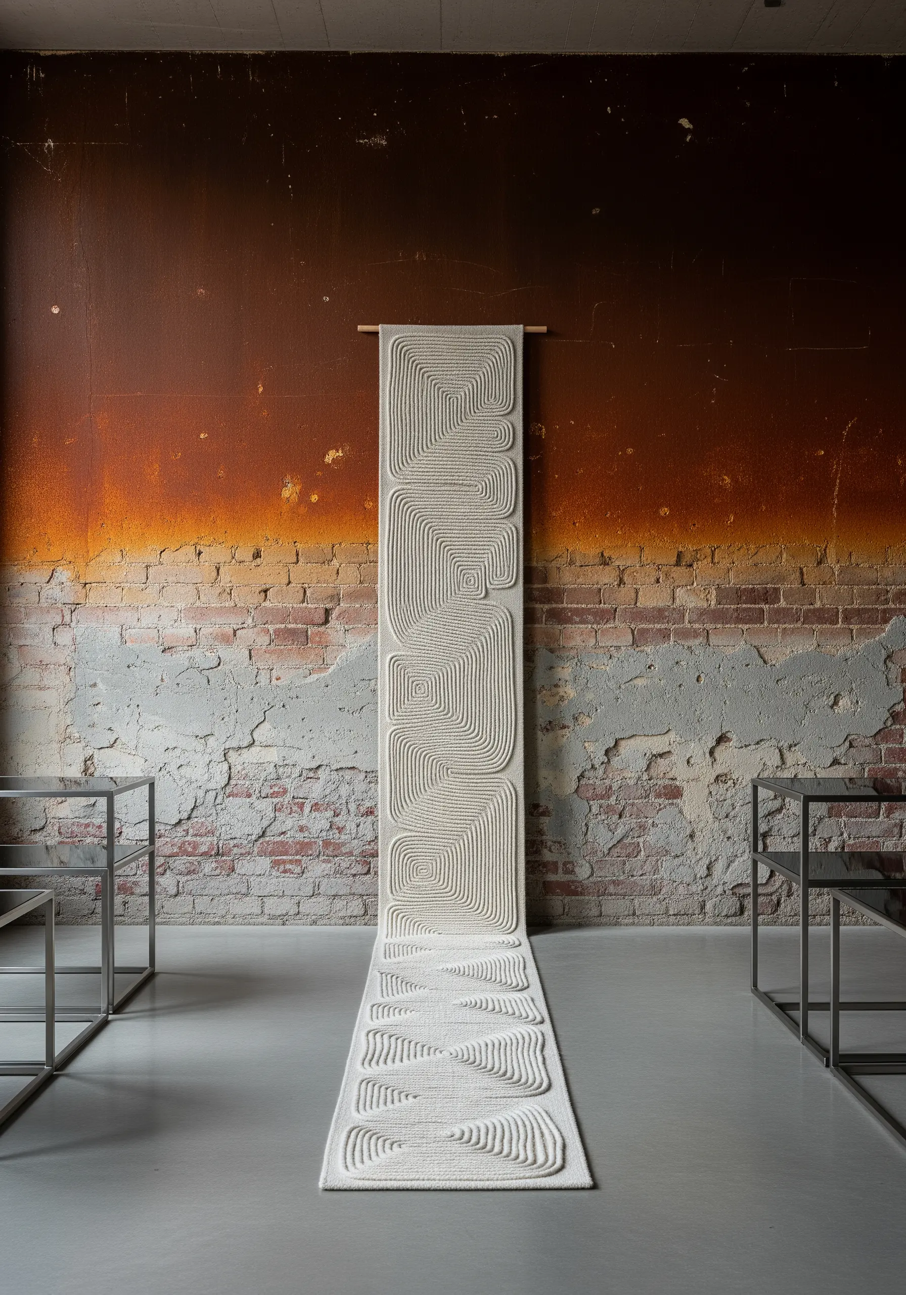 A long, narrow cream-colored wall hanging with a textured, maze-like stitched pattern.