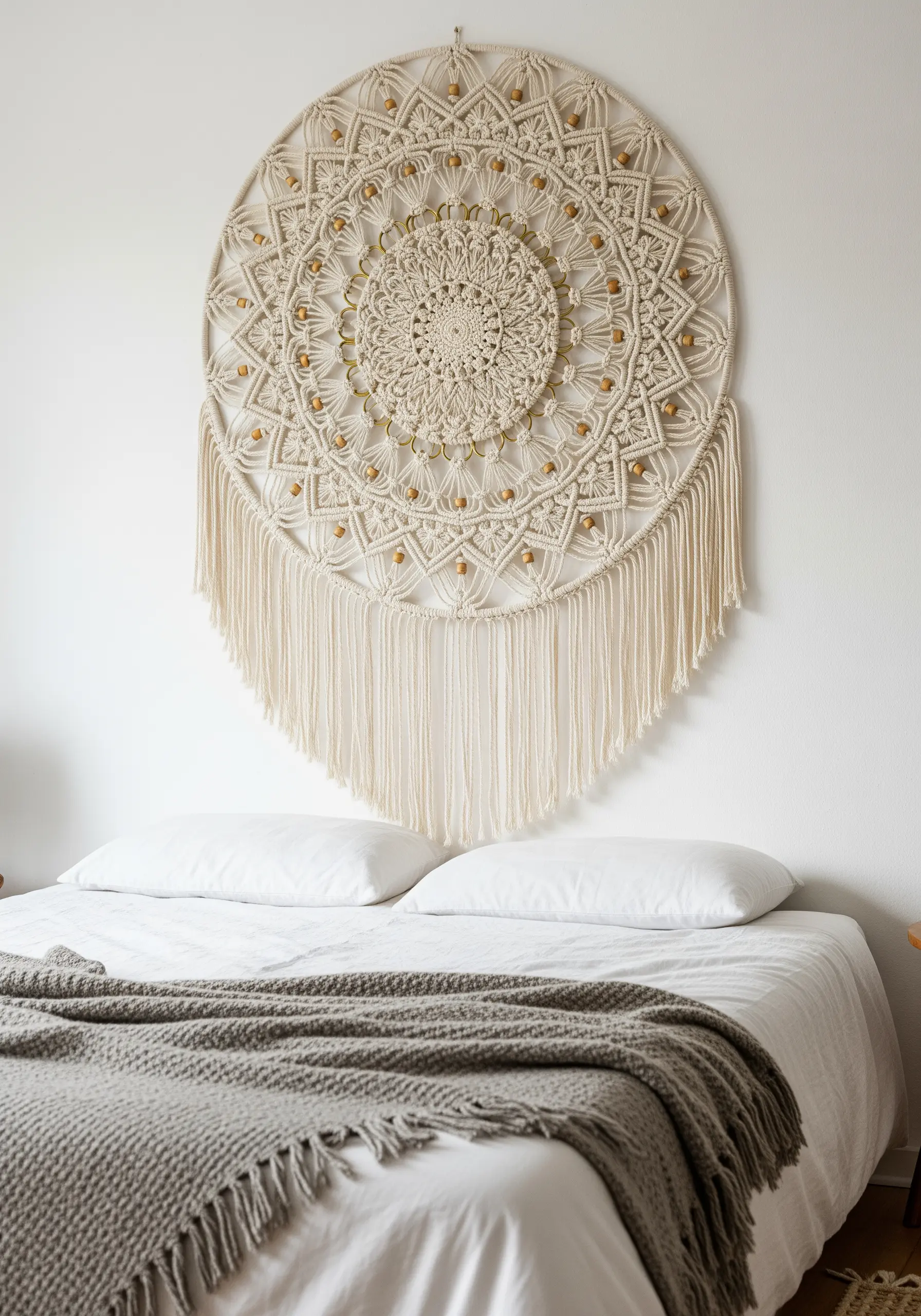 A large, intricate circular macrame mandala with wooden beads hanging as a headboard.