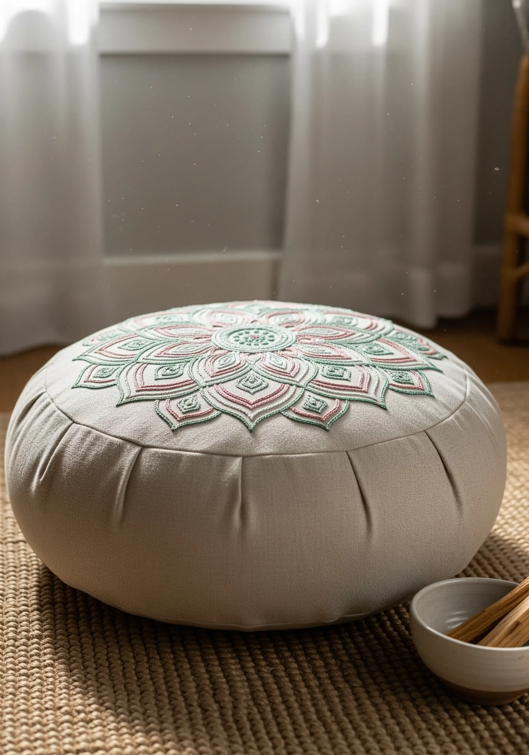 Raised satin stitch outlining a soft green and pink mandala on a round meditation cushion.